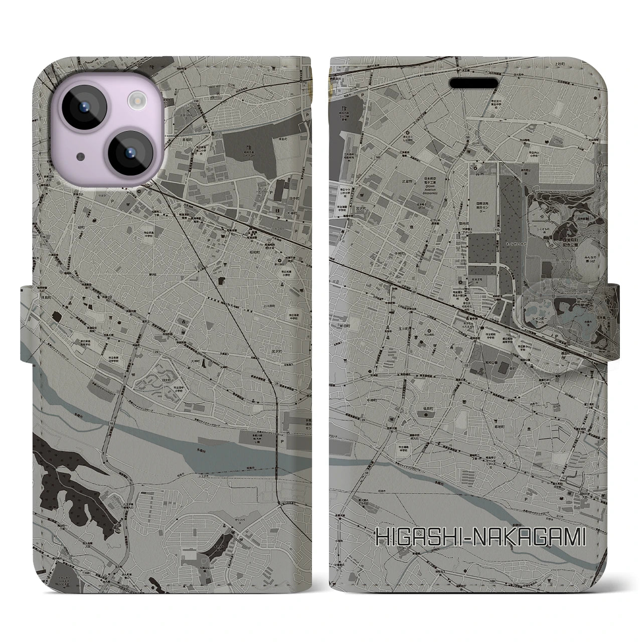 【東中神(東京都)】地図柄iPhoneケース(手帳タイプ)モノトーン・iPhone 14 用