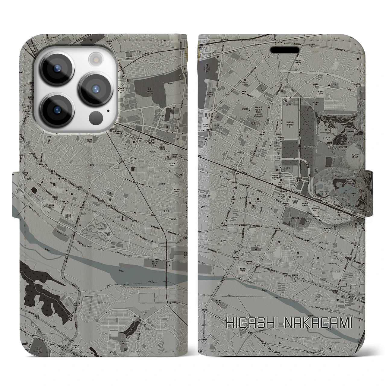 【東中神(東京都)】地図柄iPhoneケース(手帳タイプ)モノトーン・iPhone 14 Pro 用