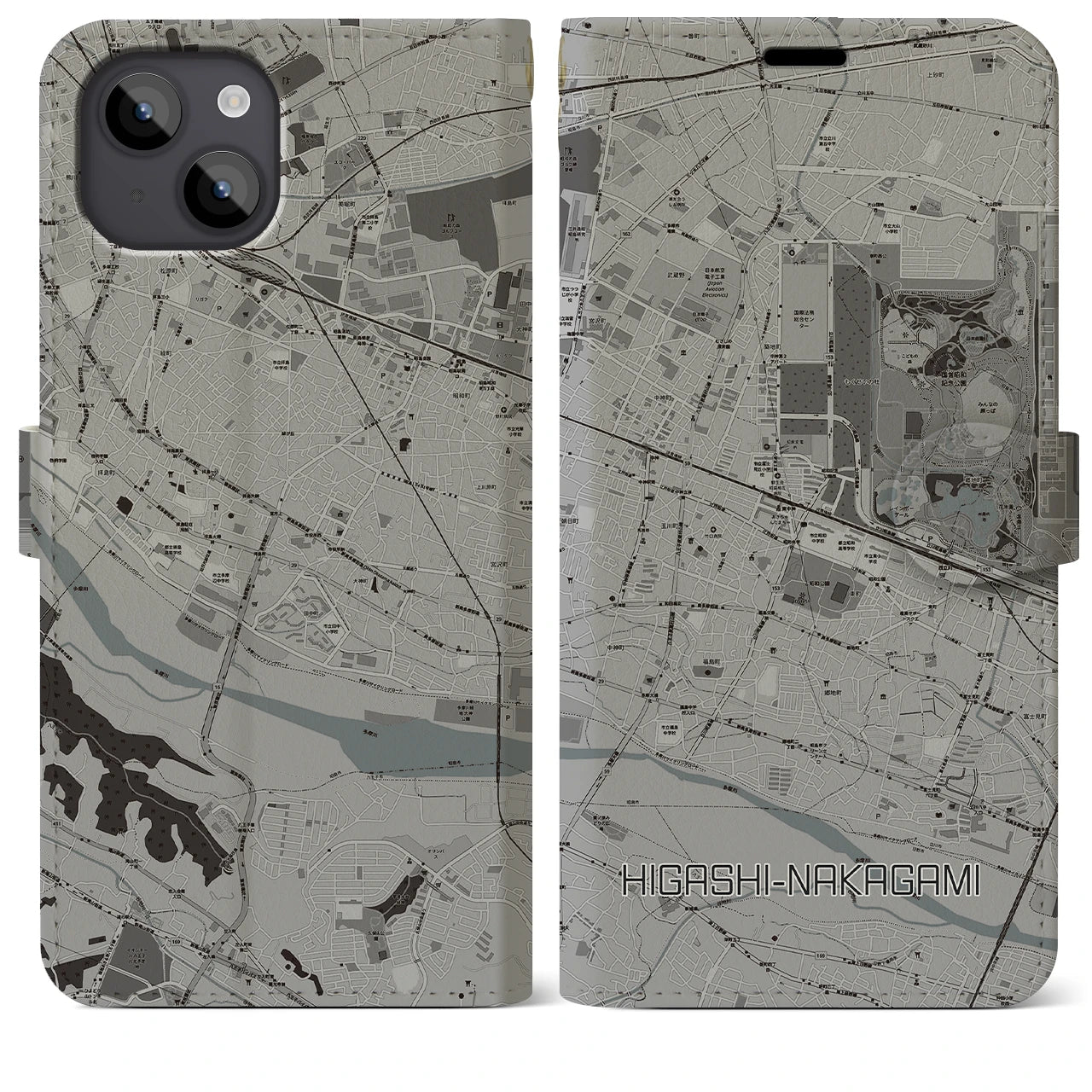 【東中神(東京都)】地図柄iPhoneケース(手帳タイプ)モノトーン・iPhone 14 Plus 用