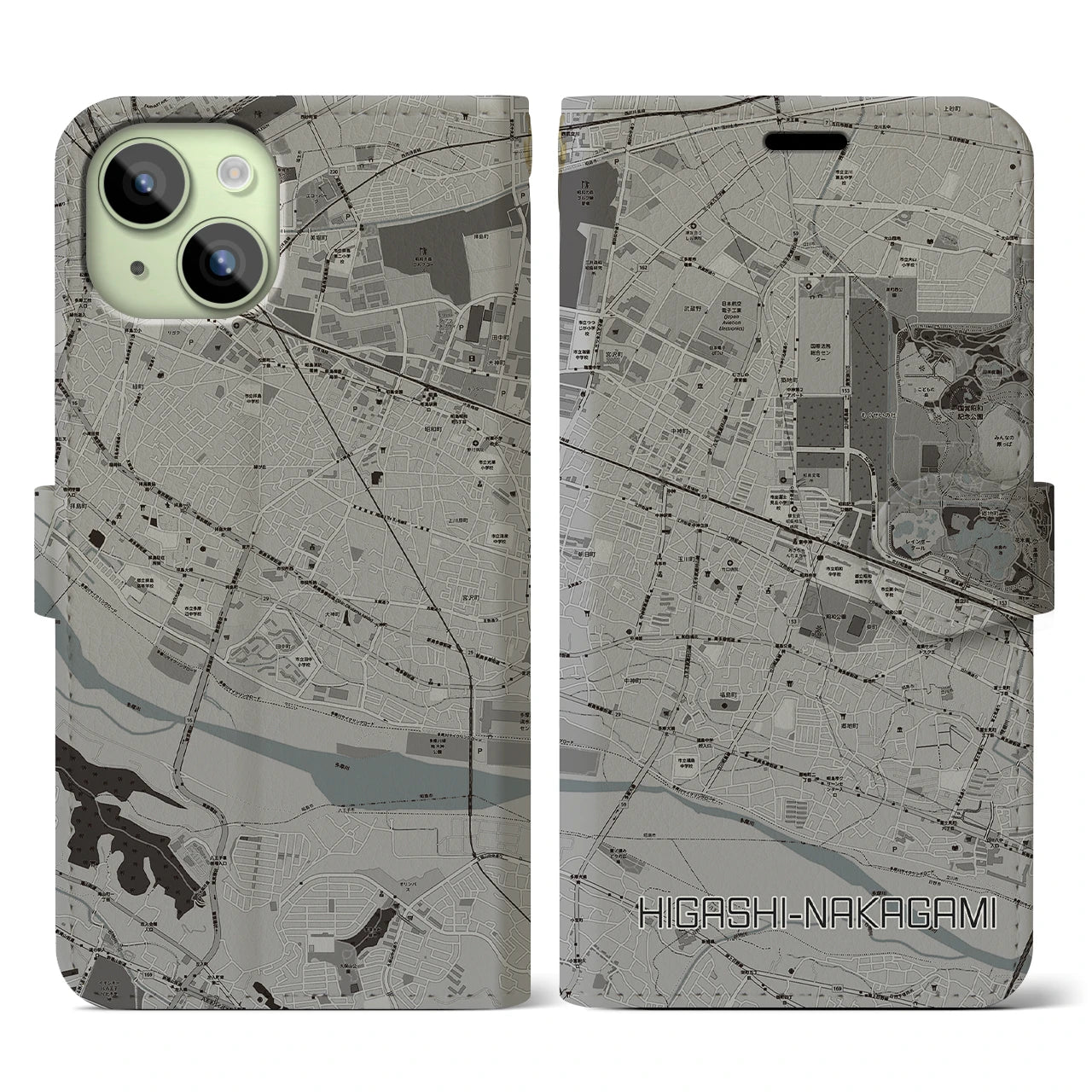 【東中神(東京都)】地図柄iPhoneケース(手帳タイプ)モノトーン・iPhone 15 用