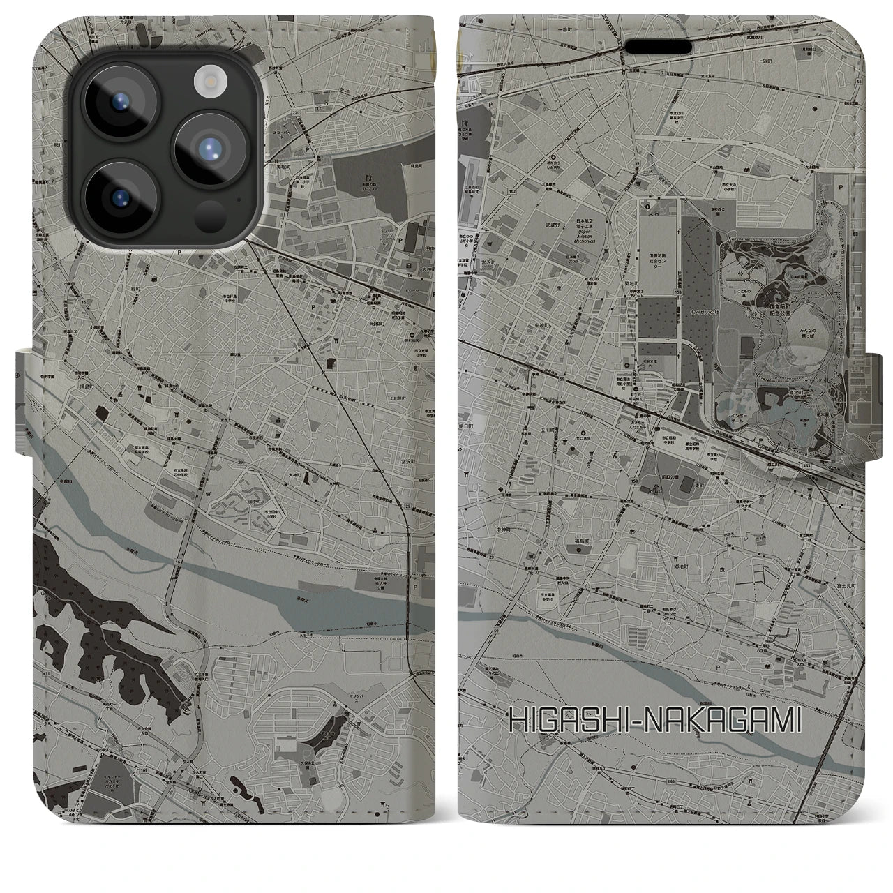【東中神(東京都)】地図柄iPhoneケース(手帳タイプ)モノトーン・iPhone 15 Pro Max 用