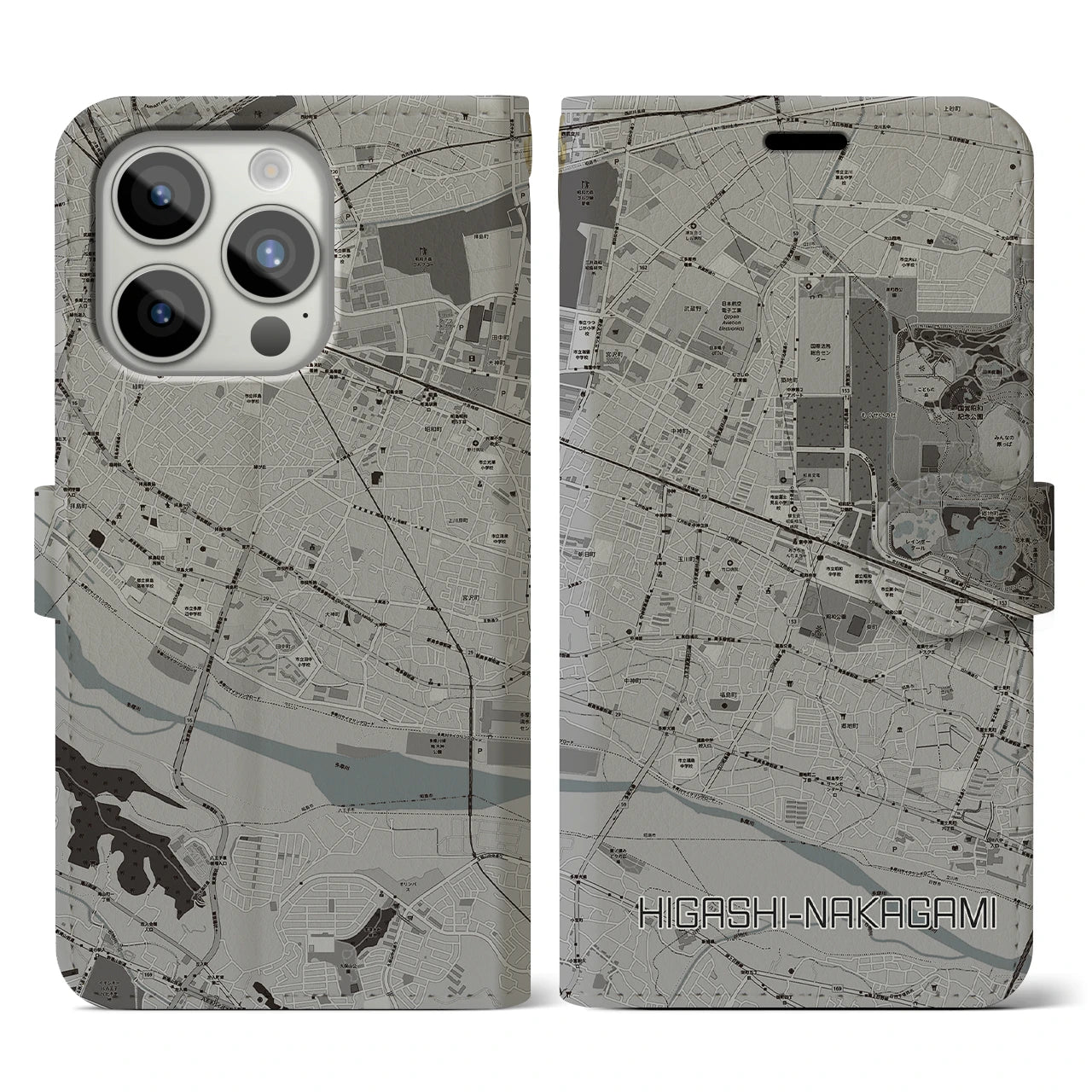 【東中神(東京都)】地図柄iPhoneケース(手帳タイプ)モノトーン・iPhone 15 Pro 用