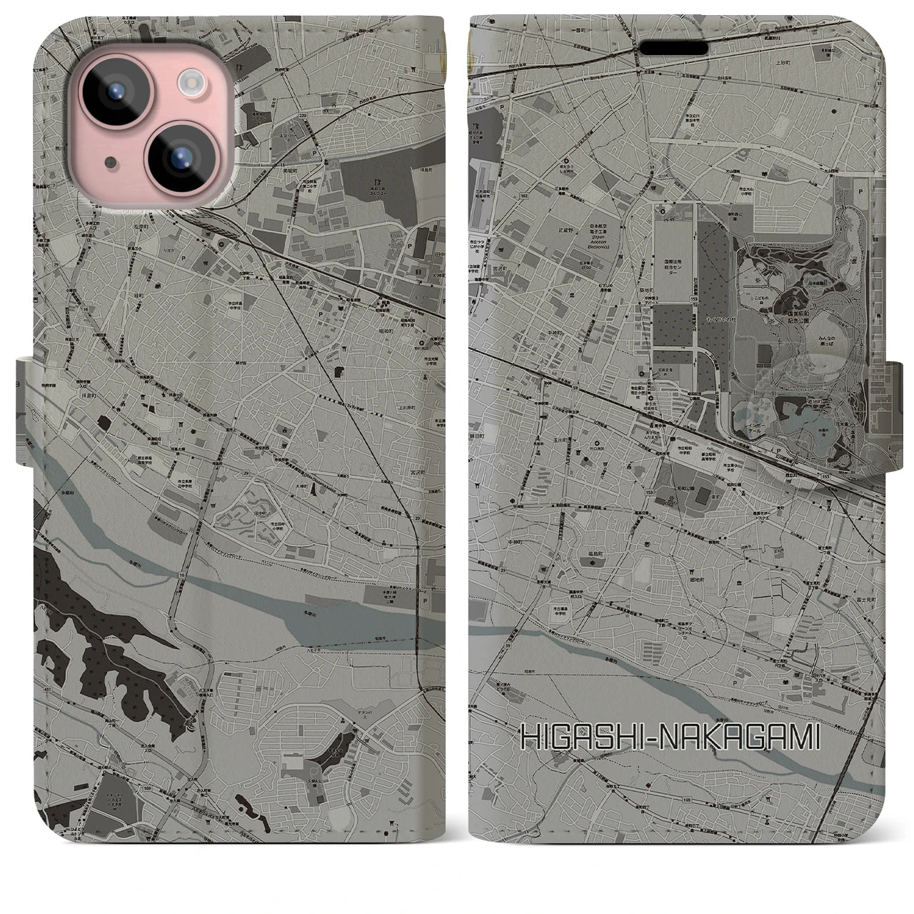 【東中神(東京都)】地図柄iPhoneケース(手帳タイプ)モノトーン・iPhone 15 Plus 用
