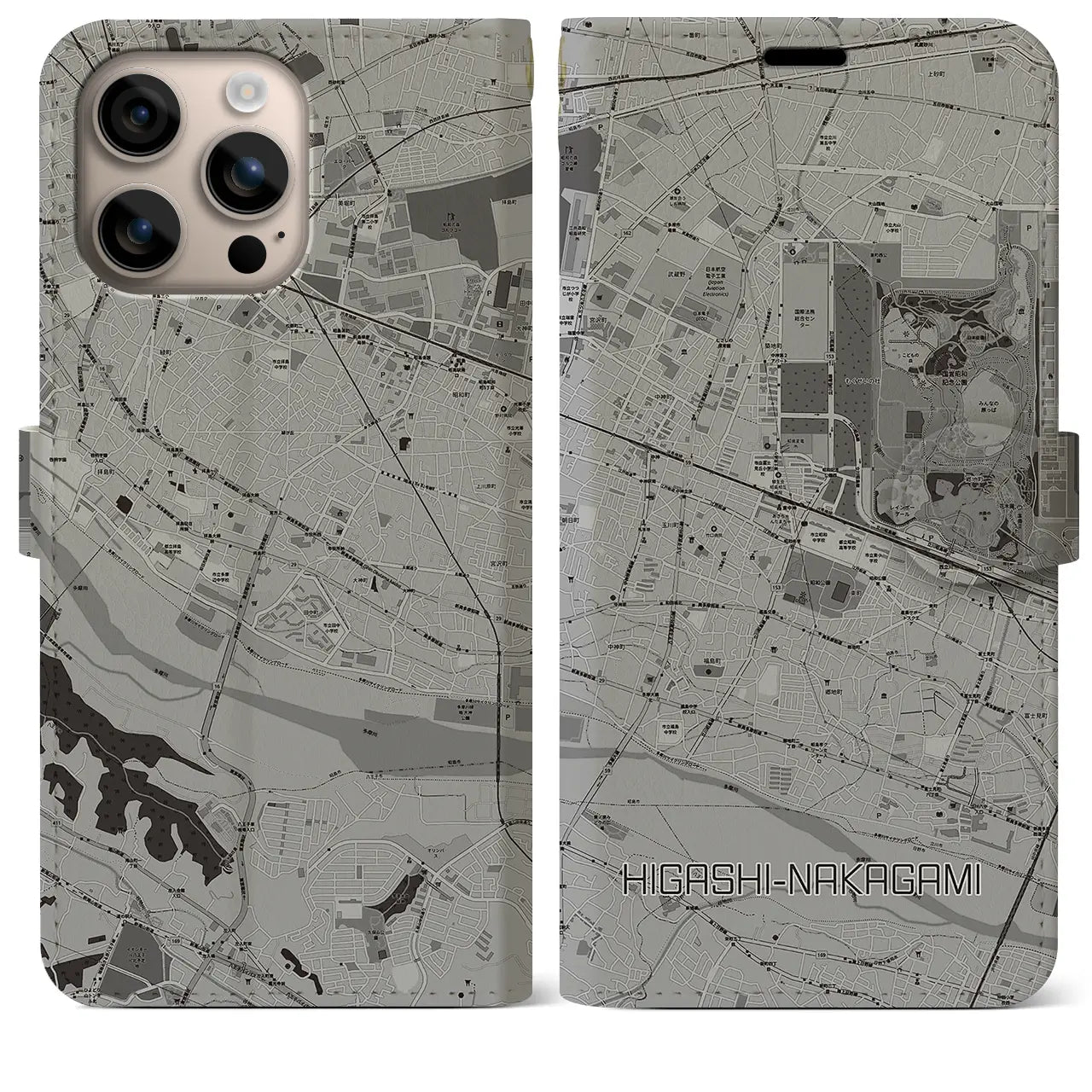 【東中神(東京都)】地図柄iPhoneケース(手帳タイプ)モノトーン・iPhone 16 Plus 用