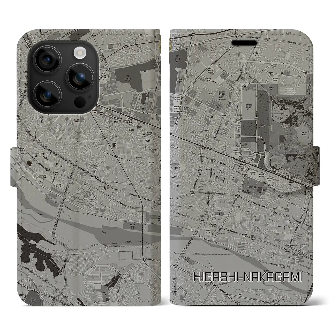 【東中神(東京都)】地図柄iPhoneケース(手帳タイプ)モノトーン・iPhone 16 用