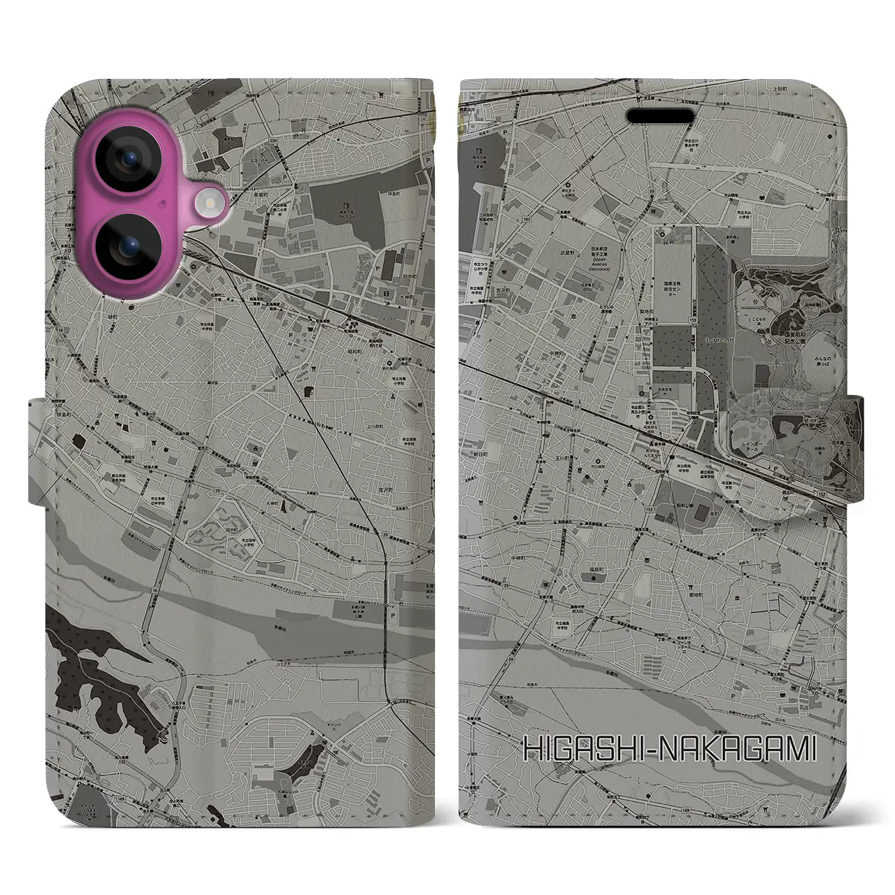 【東中神(東京都)】地図柄iPhoneケース(手帳タイプ)モノトーン・iPhone 16 Pro 用
