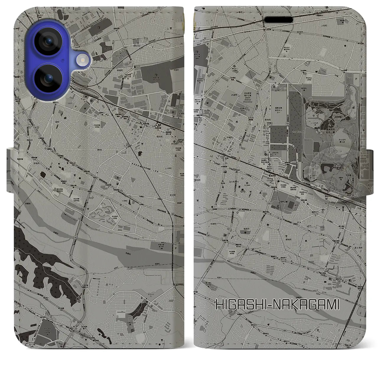 【東中神(東京都)】地図柄iPhoneケース(手帳タイプ)モノトーン・iPhone 16 Pro Max 用