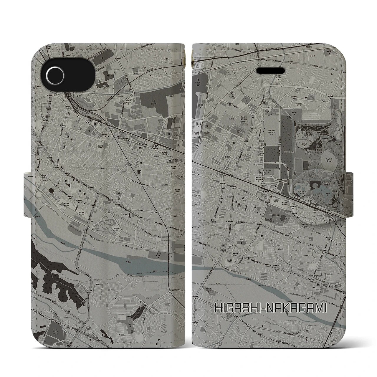 【東中神(東京都)】地図柄iPhoneケース(手帳タイプ)モノトーン・iPhone SE(第3 / 第2世代) / 8 / 7 / 6s / 6 用