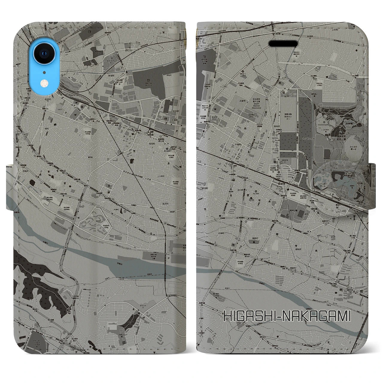 【東中神(東京都)】地図柄iPhoneケース(手帳タイプ)モノトーン・iPhone XR 用
