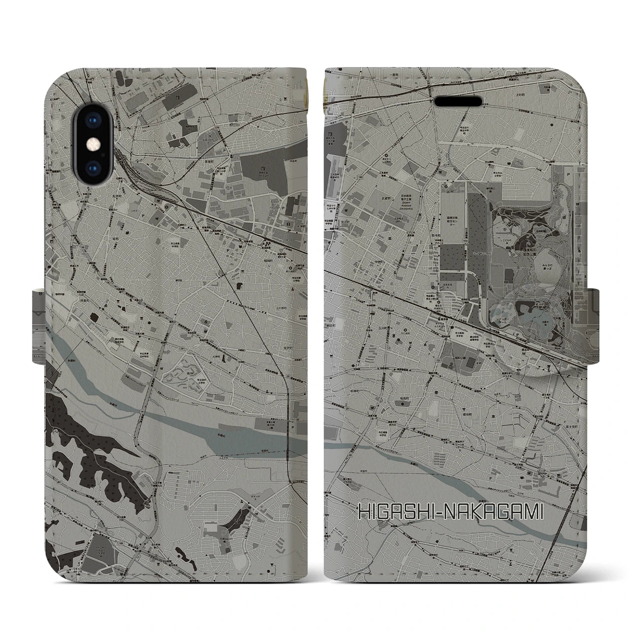 【東中神(東京都)】地図柄iPhoneケース(手帳タイプ)モノトーン・iPhone XS / X 用
