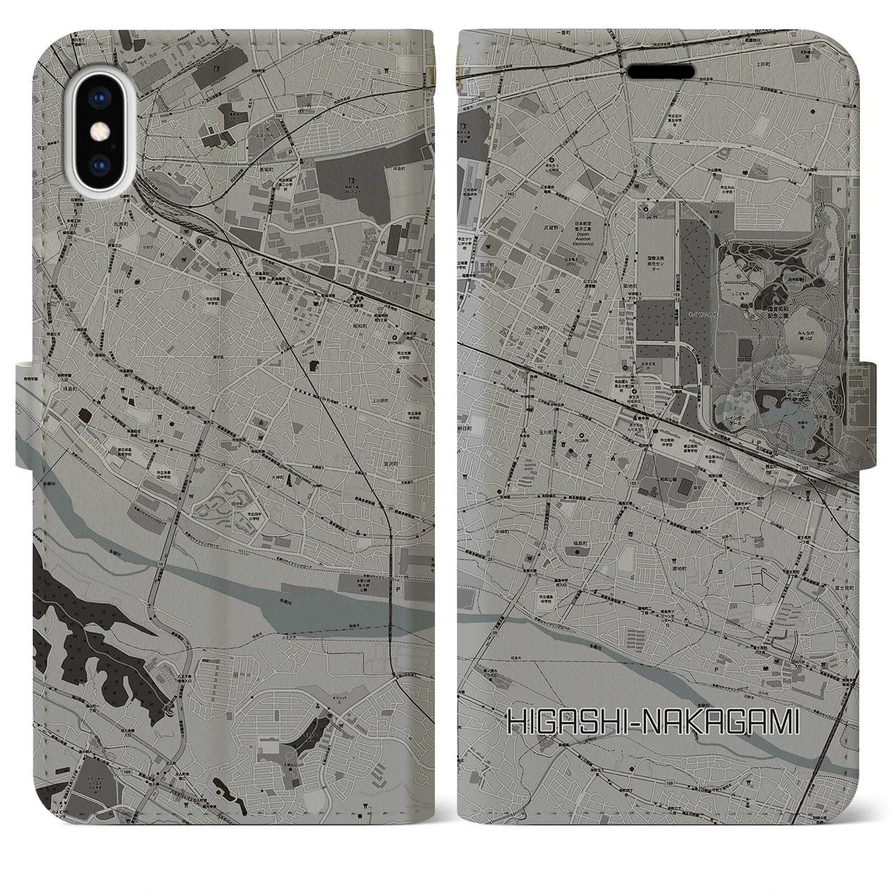 【東中神(東京都)】地図柄iPhoneケース(手帳タイプ)モノトーン・iPhone XS Max 用