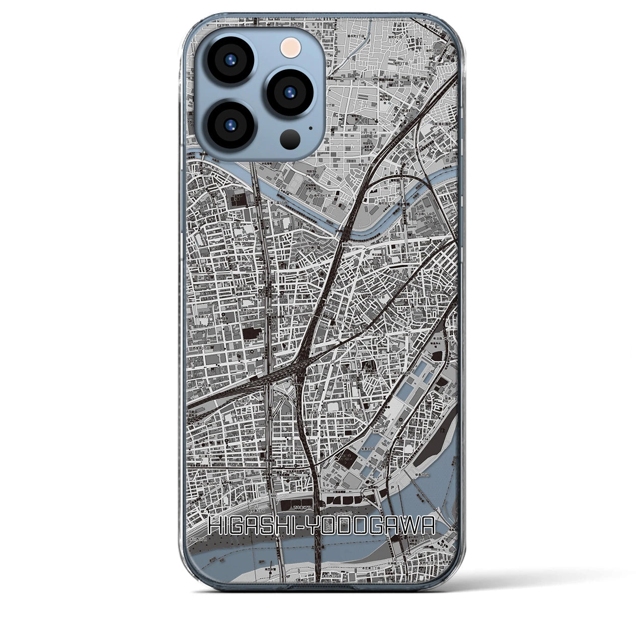 【東淀川(大阪府)】地図柄iPhoneケース(クリアタイプ)モノトーン・iPhone 13 Pro Max 用