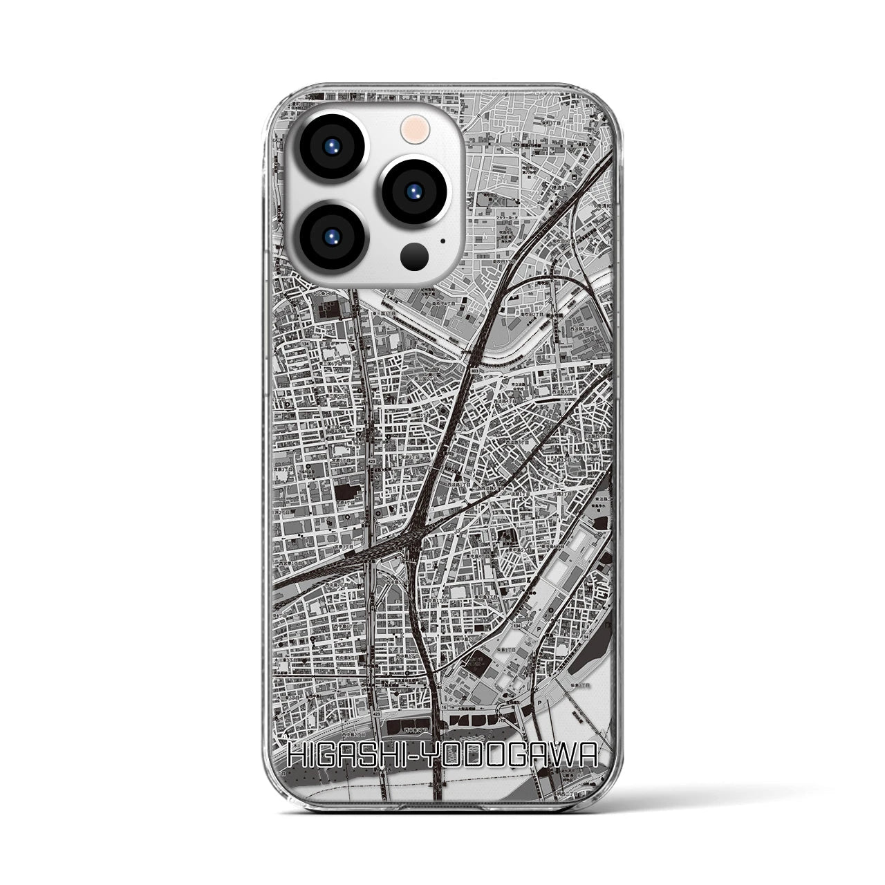 【東淀川(大阪府)】地図柄iPhoneケース(クリアタイプ)モノトーン・iPhone 13 Pro 用