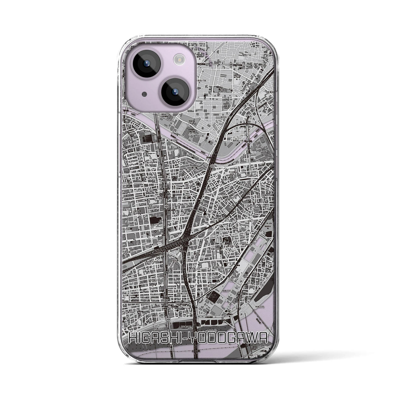 【東淀川(大阪府)】地図柄iPhoneケース(クリアタイプ)モノトーン・iPhone 14 用