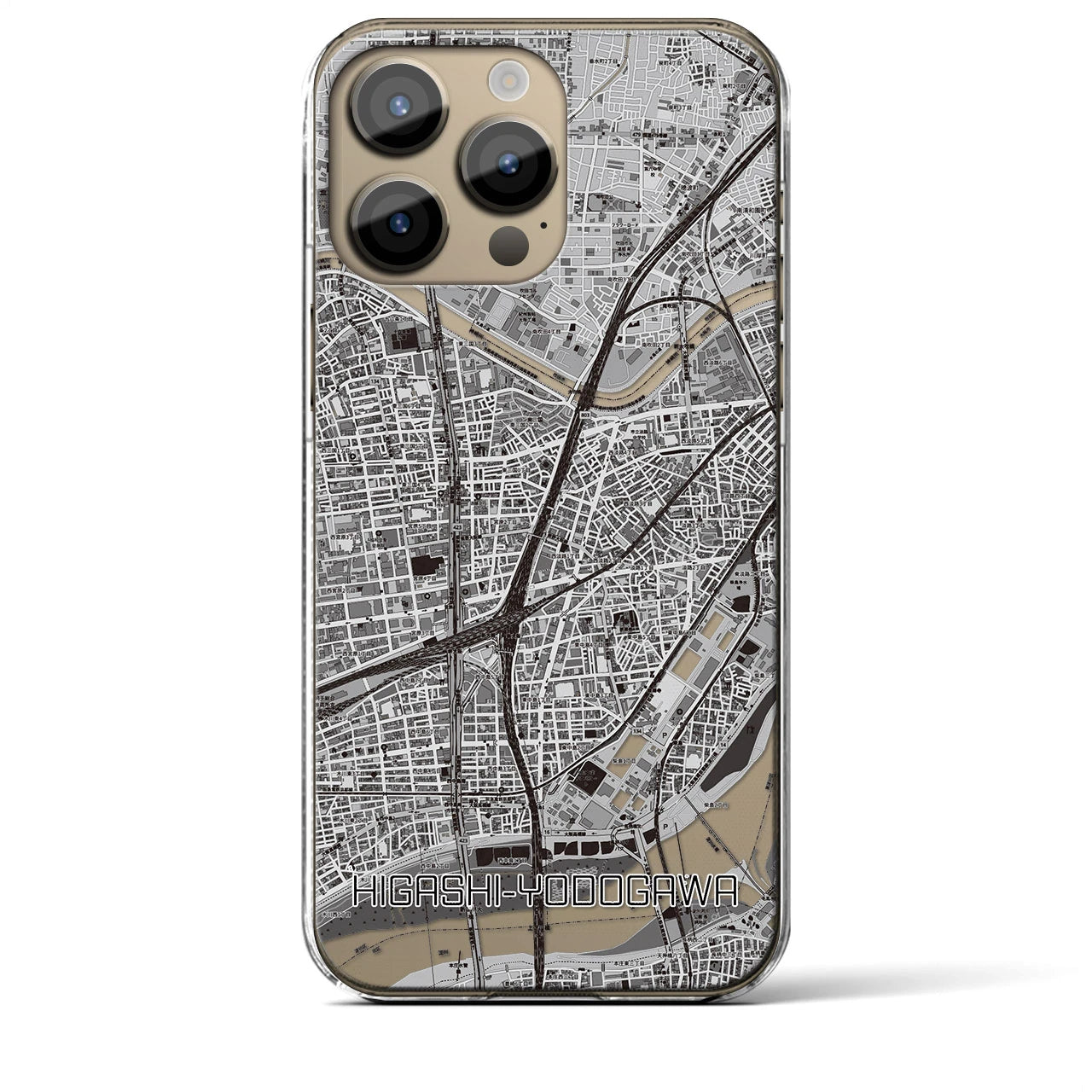 【東淀川(大阪府)】地図柄iPhoneケース(クリアタイプ)モノトーン・iPhone 14 Pro Max 用