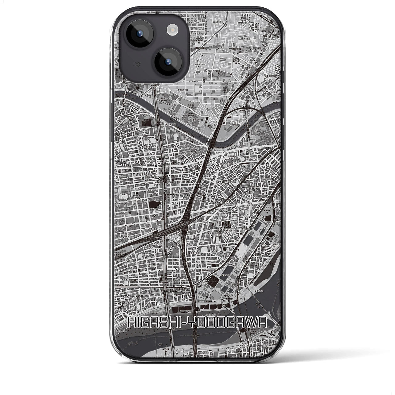 【東淀川(大阪府)】地図柄iPhoneケース(クリアタイプ)モノトーン・iPhone 14 Plus 用