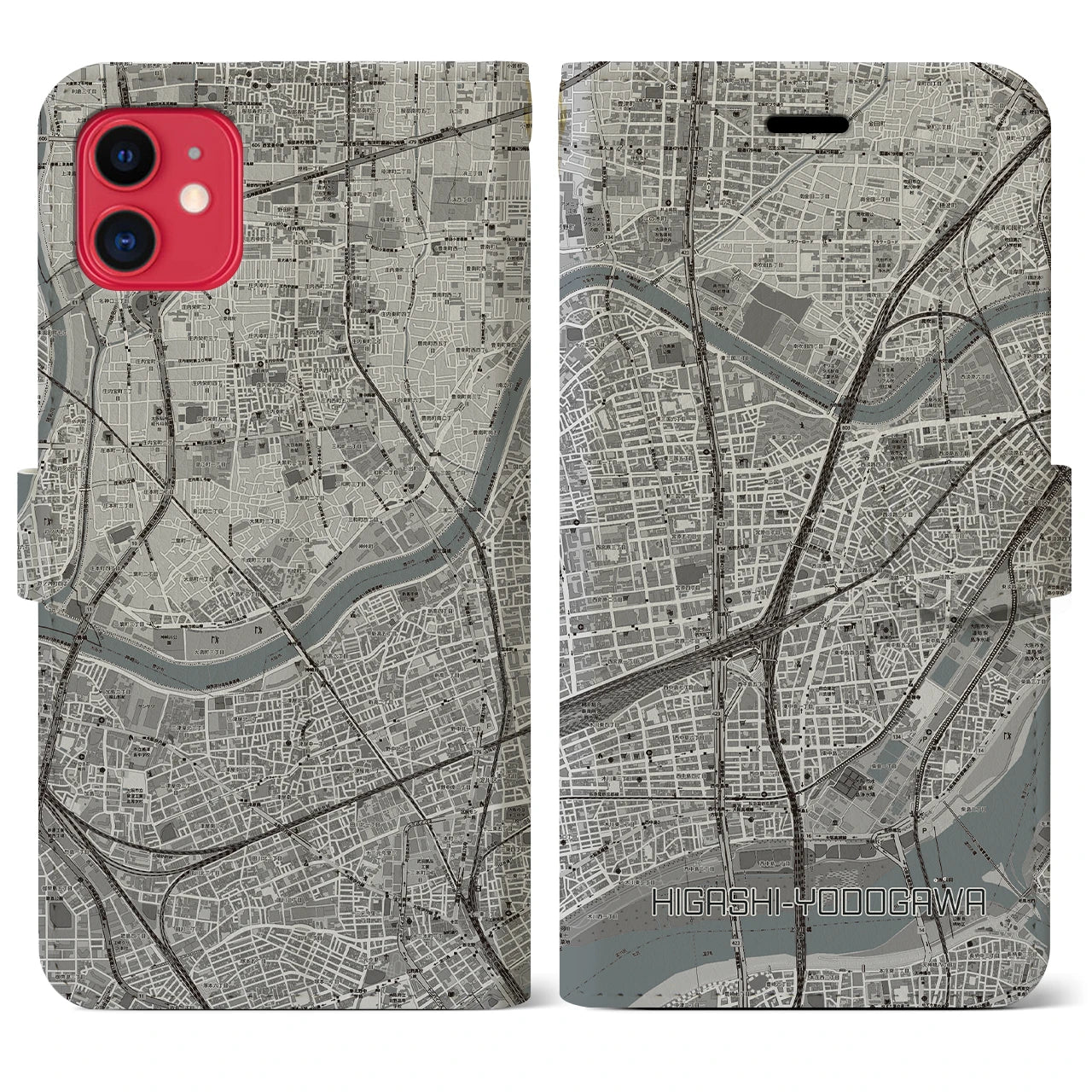 【東淀川(大阪府)】地図柄iPhoneケース(手帳タイプ)モノトーン・iPhone 11 用