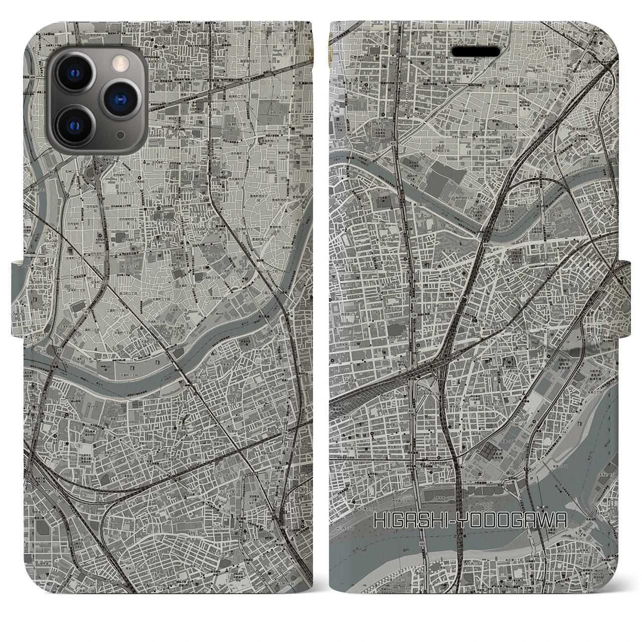 【東淀川(大阪府)】地図柄iPhoneケース(手帳タイプ)モノトーン・iPhone 11 Pro Max 用