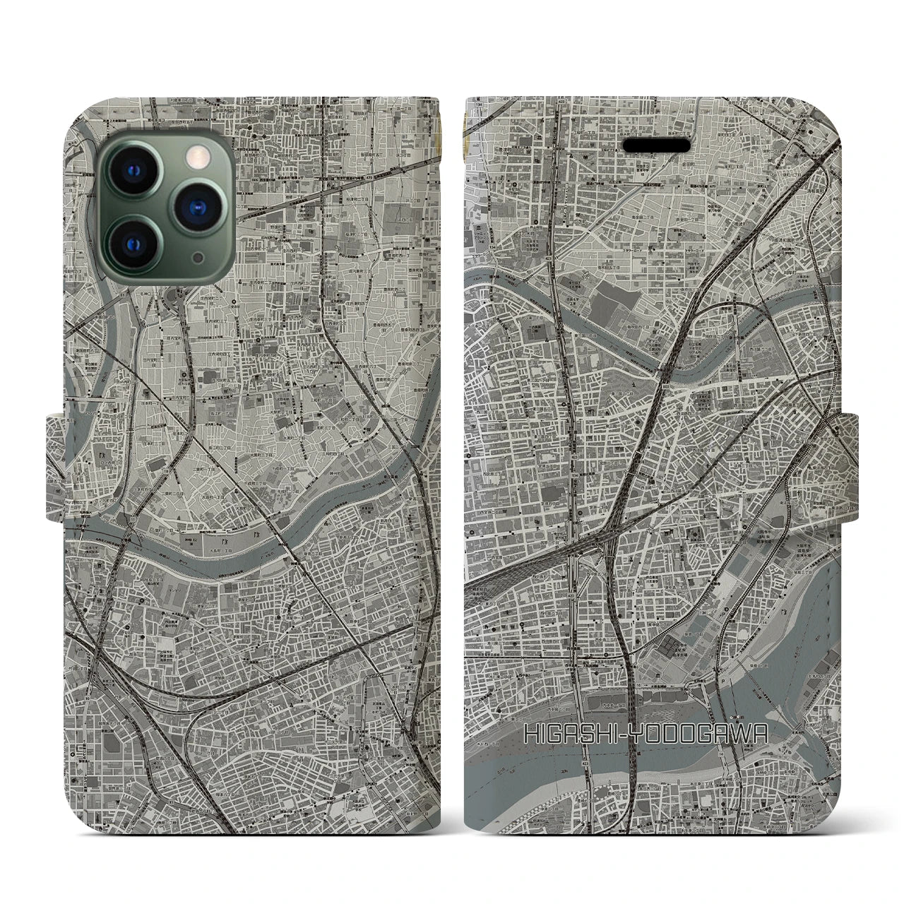 【東淀川(大阪府)】地図柄iPhoneケース(手帳タイプ)モノトーン・iPhone 11 Pro 用