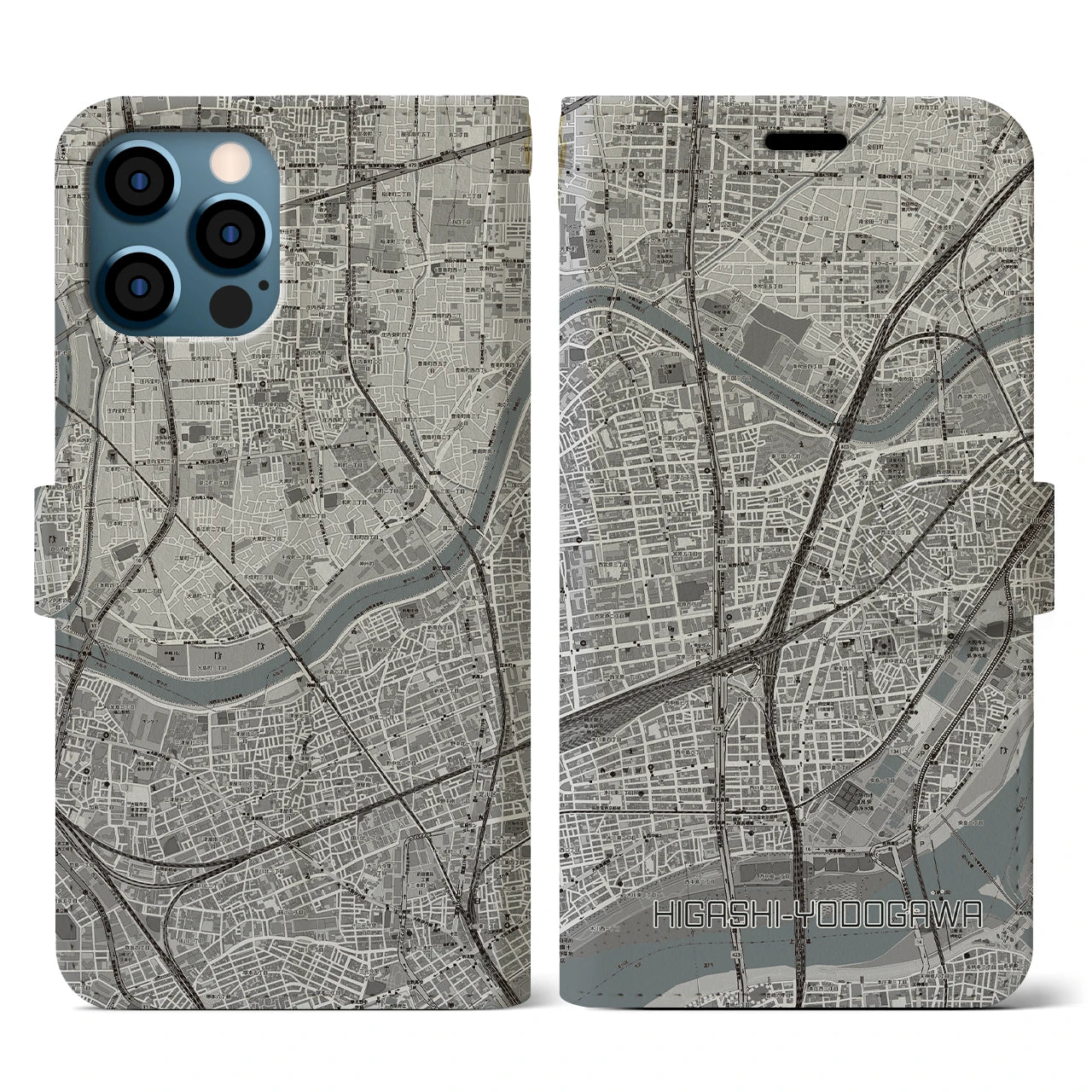 【東淀川(大阪府)】地図柄iPhoneケース(手帳タイプ)モノトーン・iPhone 12 / 12 Pro 用