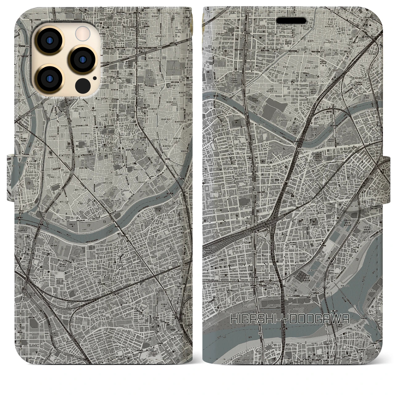 【東淀川(大阪府)】地図柄iPhoneケース(手帳タイプ)モノトーン・iPhone 12 Pro Max 用