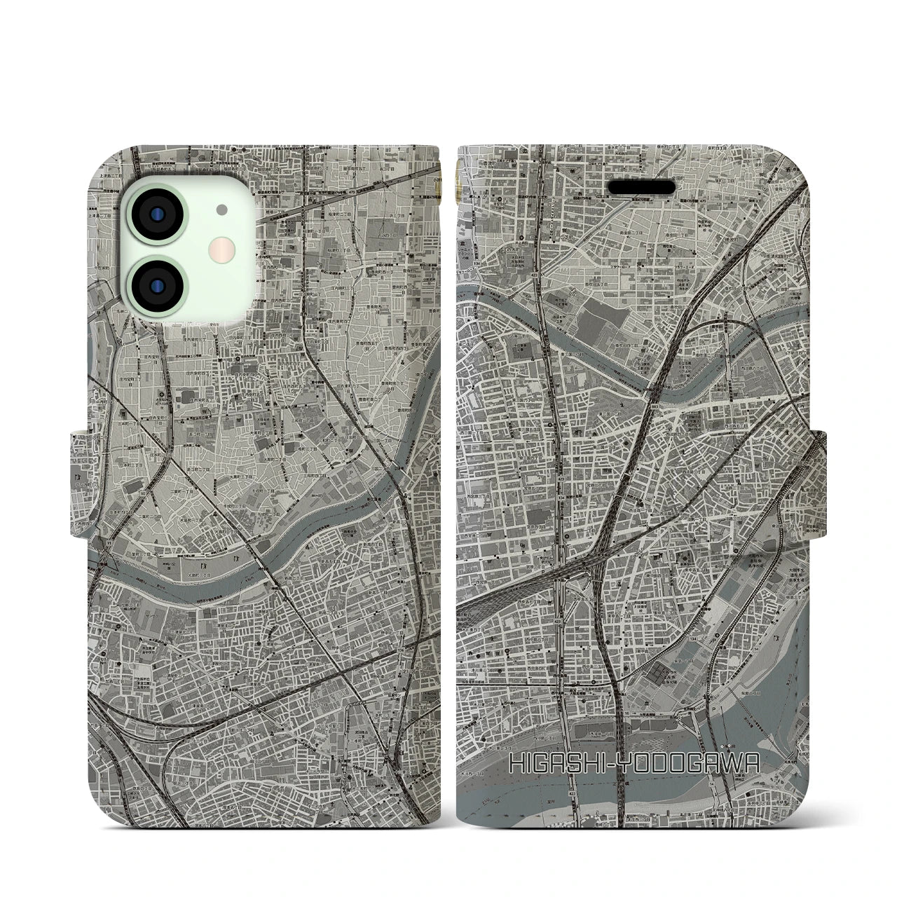 【東淀川(大阪府)】地図柄iPhoneケース(手帳タイプ)モノトーン・iPhone 12 mini 用