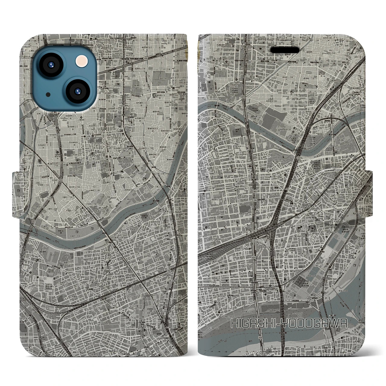 【東淀川(大阪府)】地図柄iPhoneケース(手帳タイプ)モノトーン・iPhone 13 用
