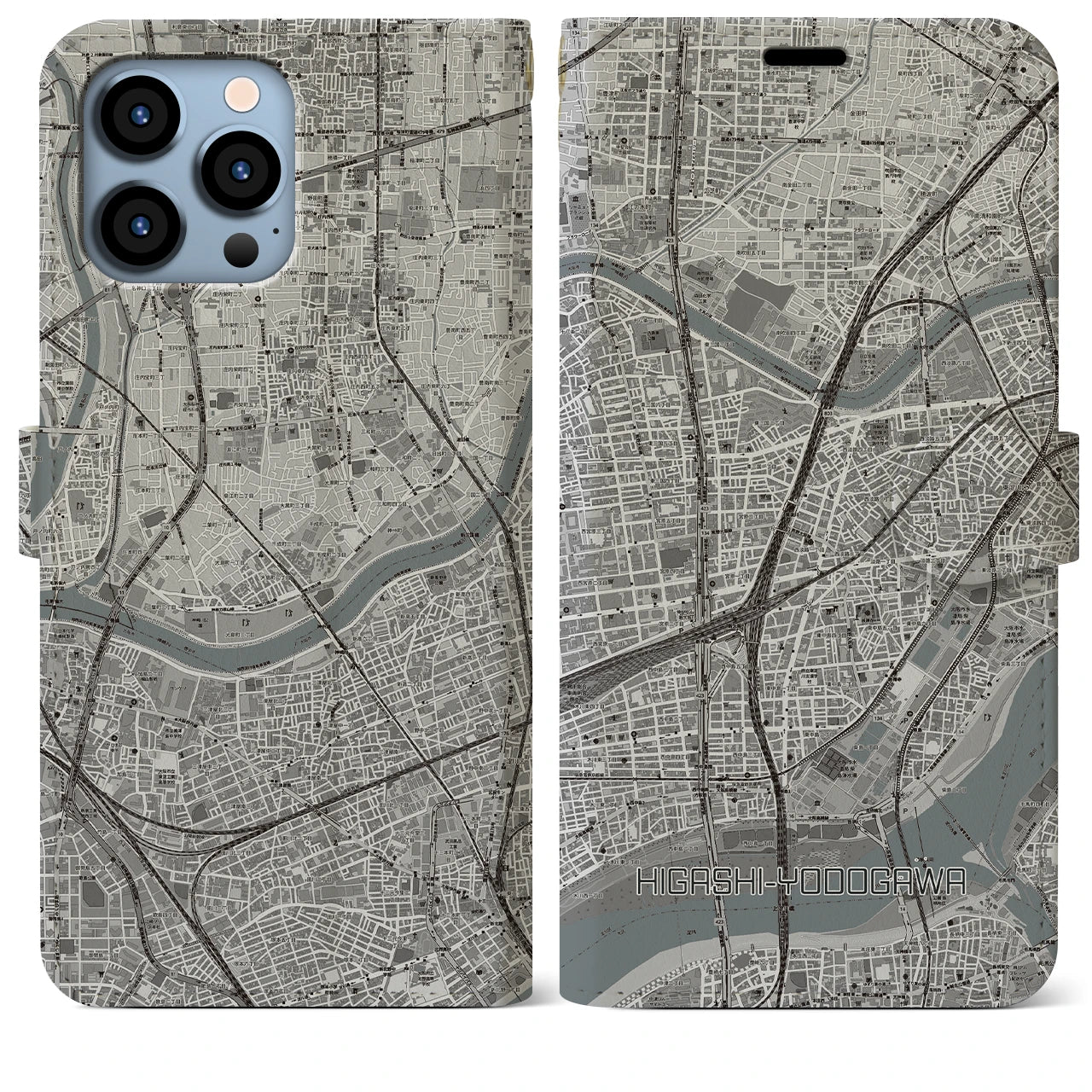 【東淀川(大阪府)】地図柄iPhoneケース(手帳タイプ)モノトーン・iPhone 13 Pro Max 用