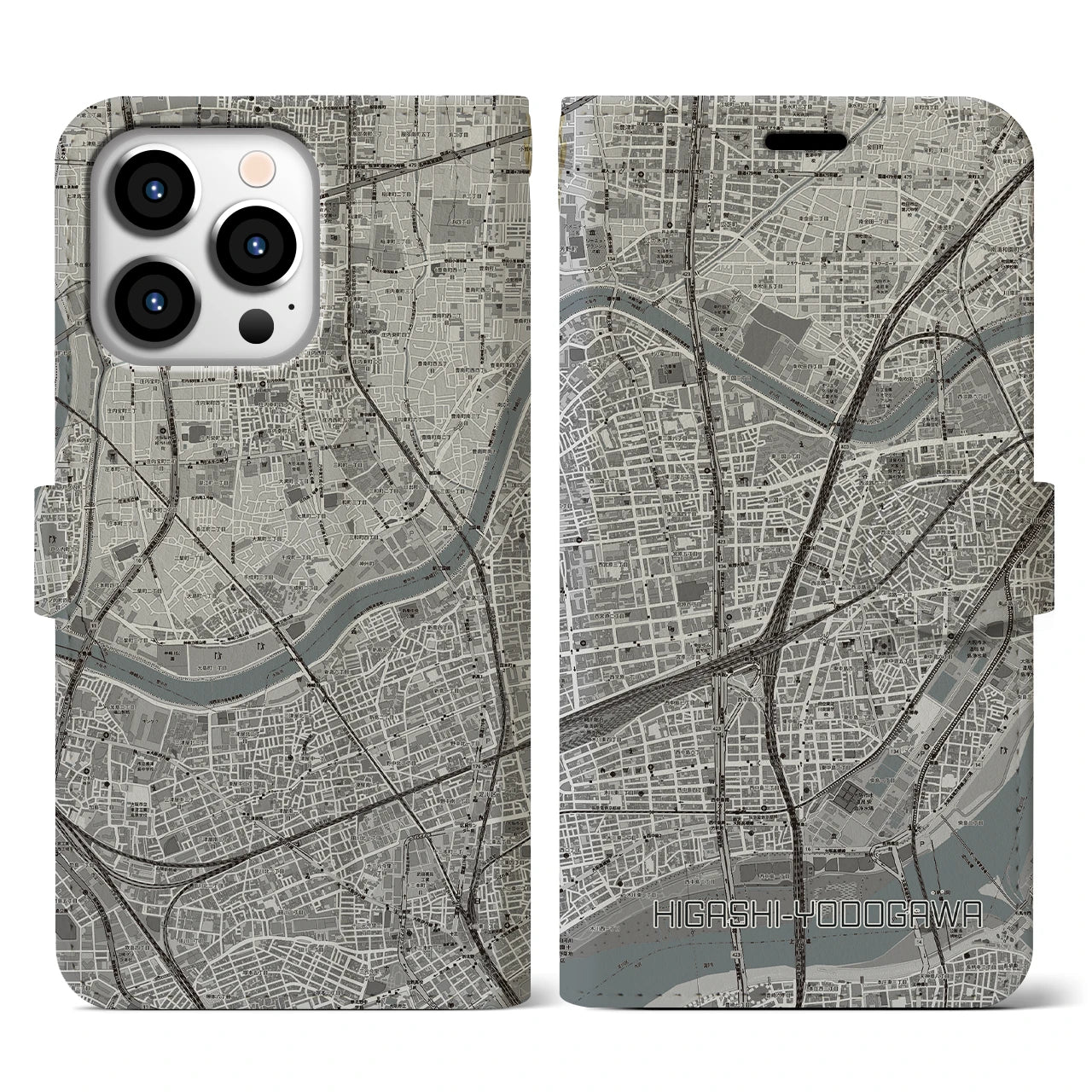 【東淀川(大阪府)】地図柄iPhoneケース(手帳タイプ)モノトーン・iPhone 13 Pro 用