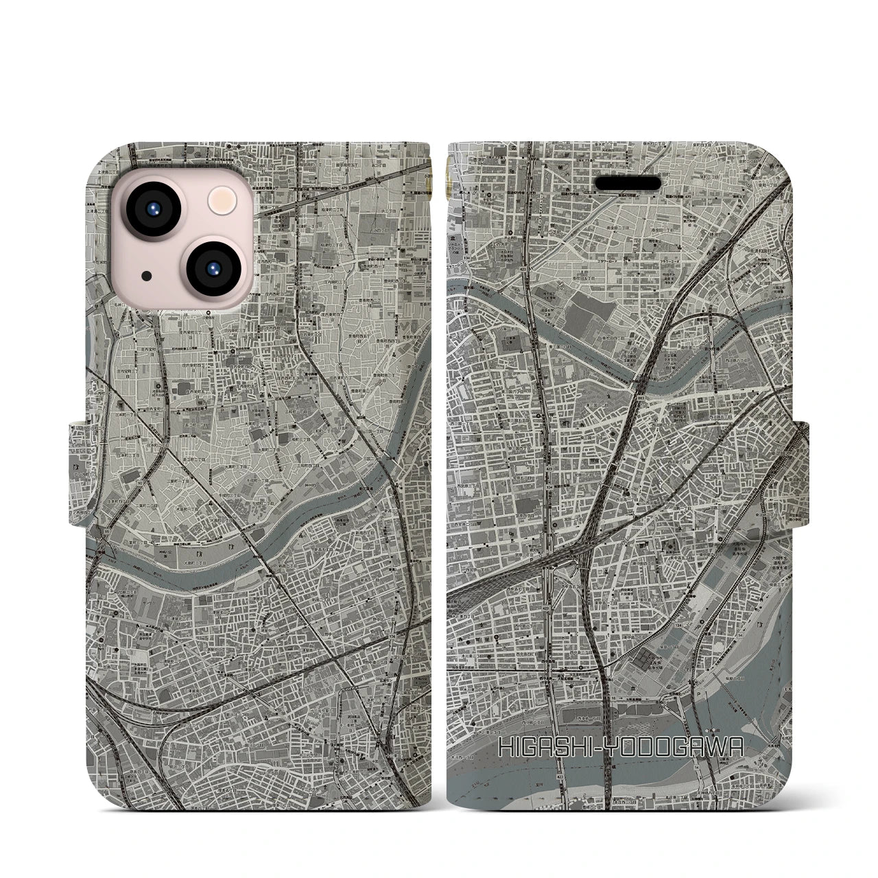 【東淀川(大阪府)】地図柄iPhoneケース(手帳タイプ)モノトーン・iPhone 13 mini 用