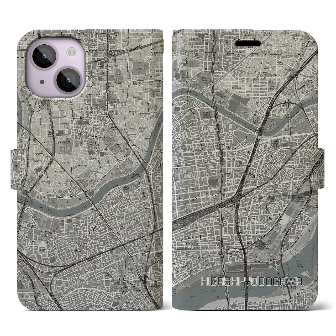 【東淀川(大阪府)】地図柄iPhoneケース(手帳タイプ)モノトーン・iPhone 14 用