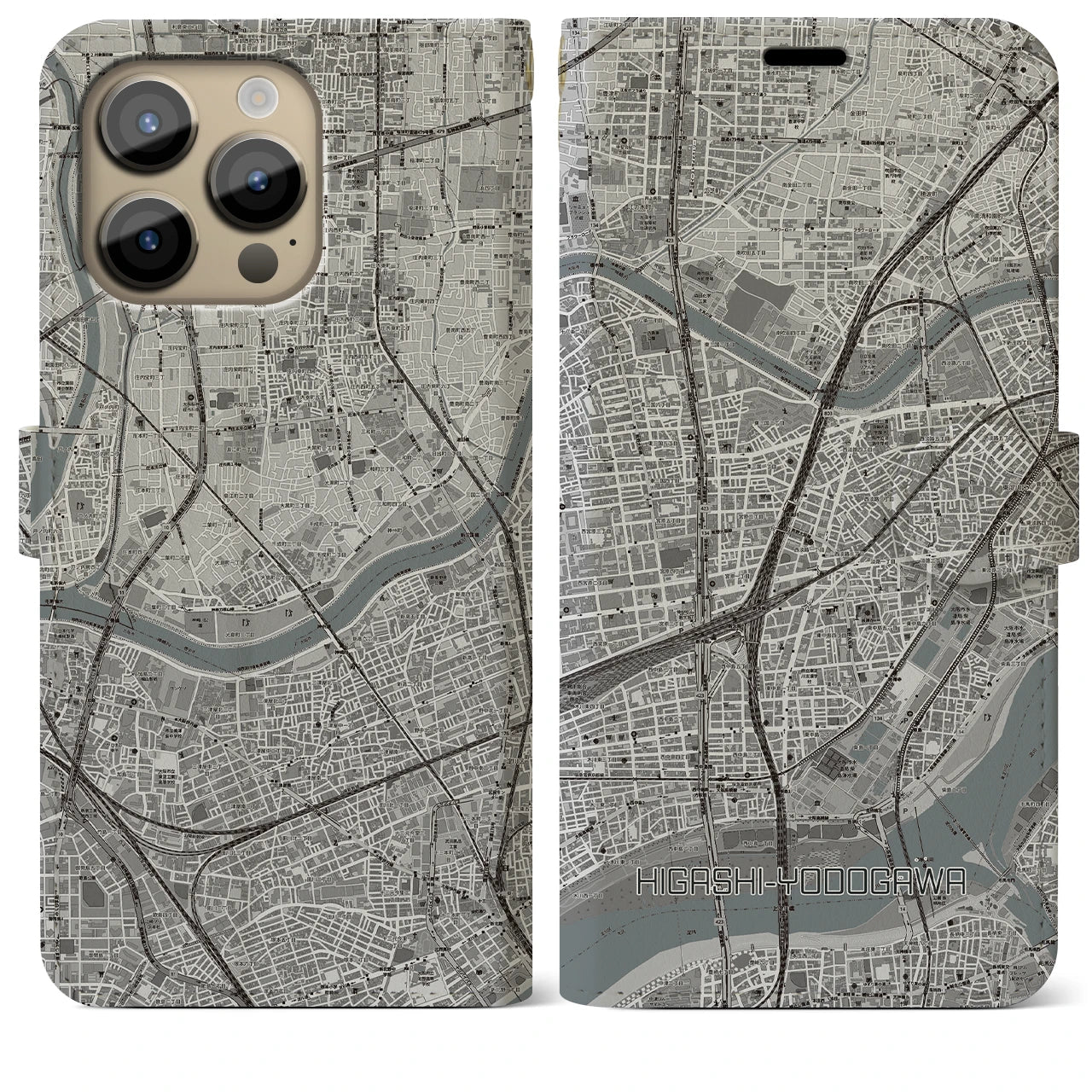 【東淀川(大阪府)】地図柄iPhoneケース(手帳タイプ)モノトーン・iPhone 14 Pro Max 用
