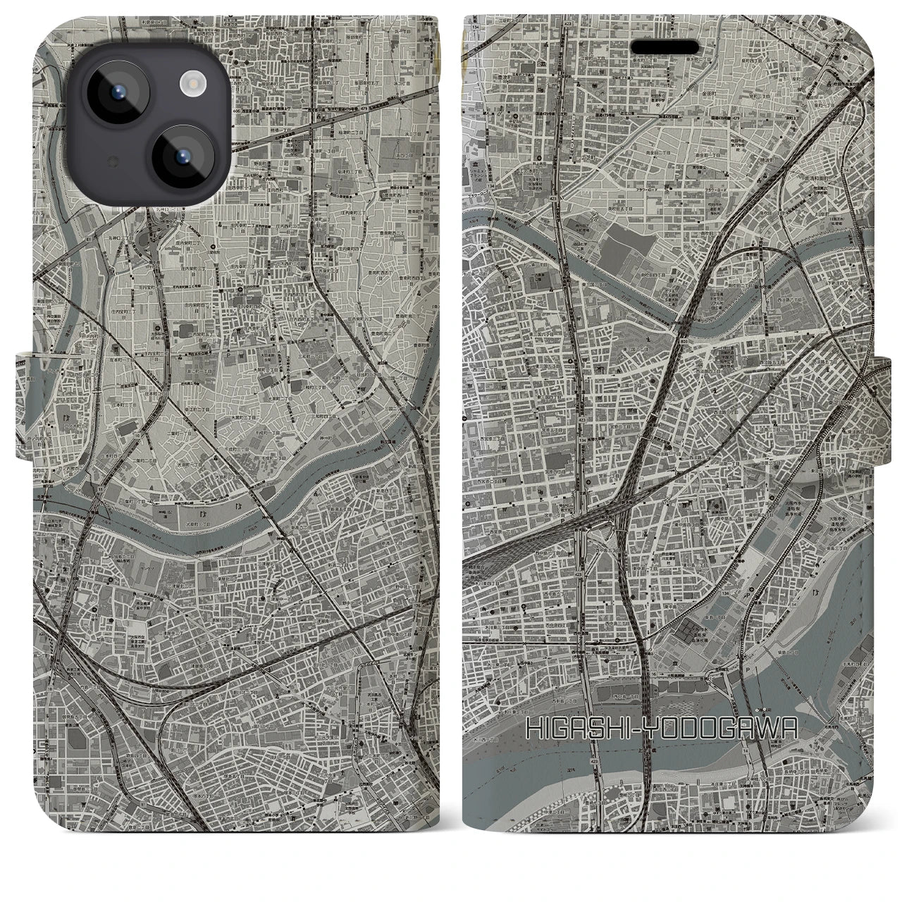 【東淀川(大阪府)】地図柄iPhoneケース(手帳タイプ)モノトーン・iPhone 14 Plus 用