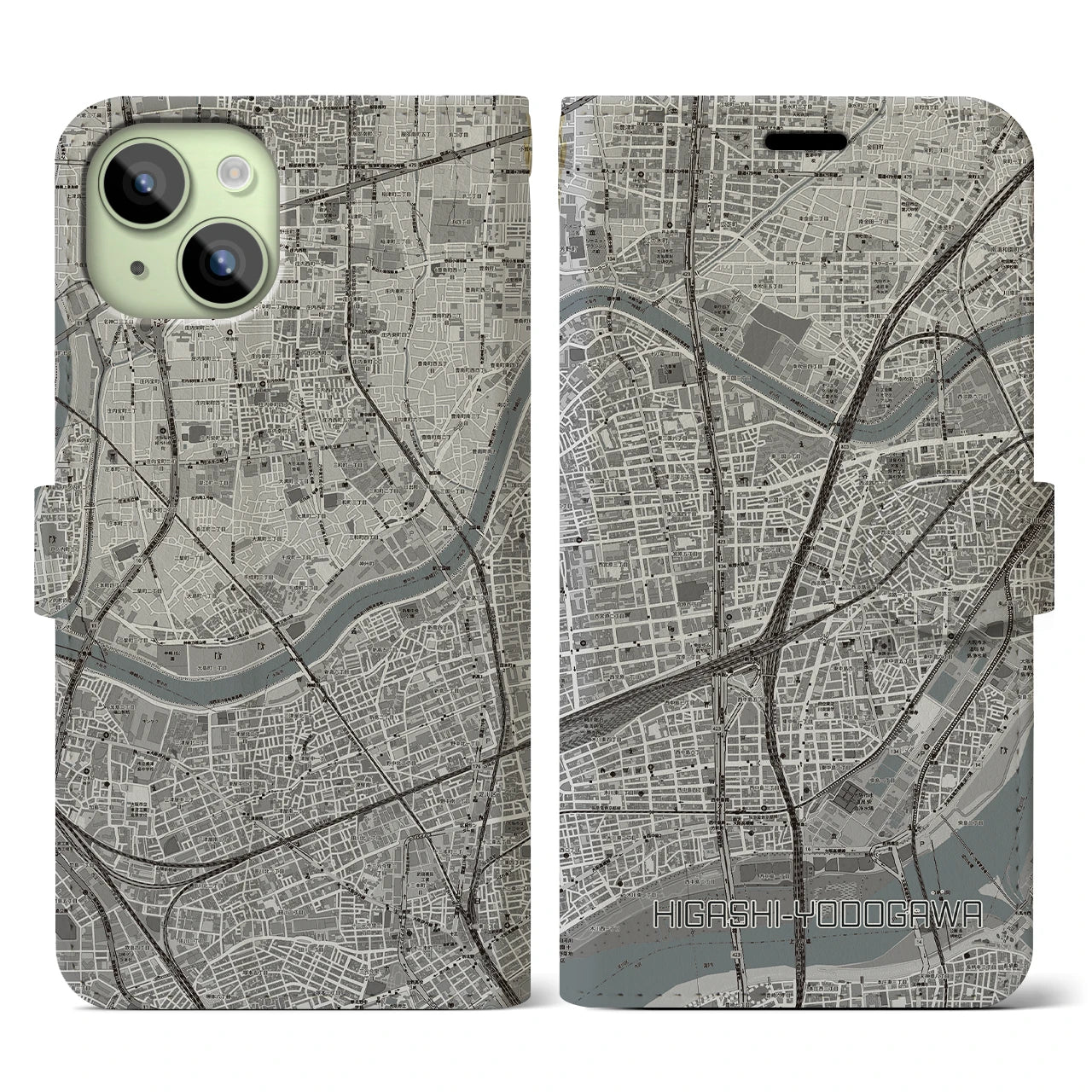 【東淀川(大阪府)】地図柄iPhoneケース(手帳タイプ)モノトーン・iPhone 15 用