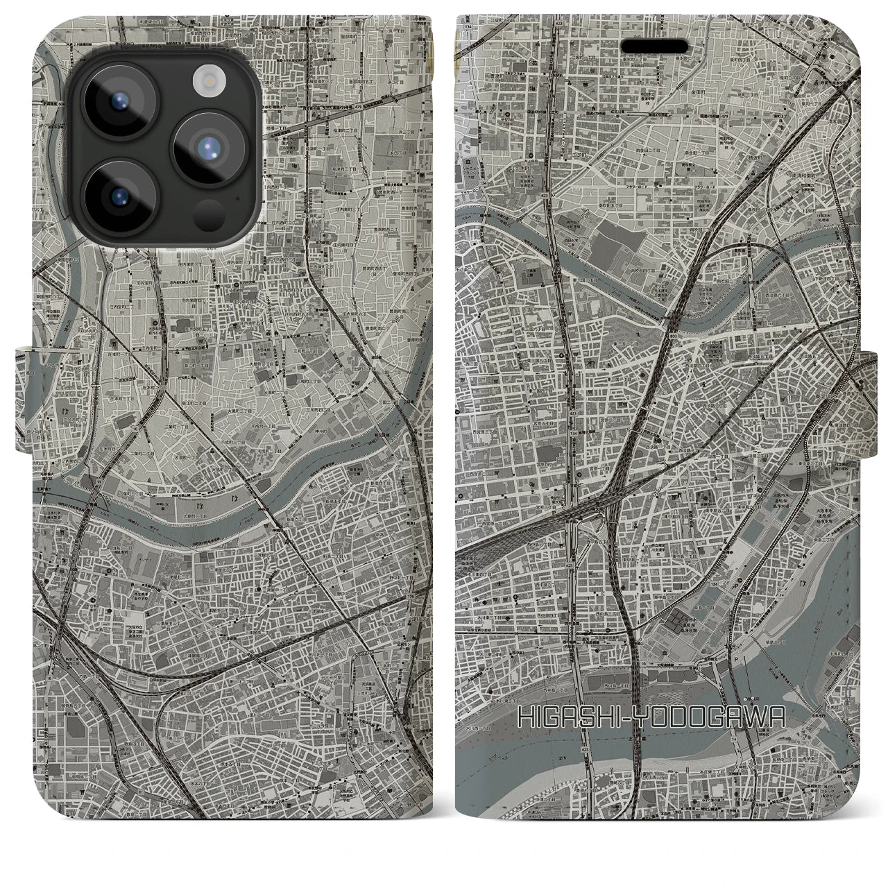 【東淀川(大阪府)】地図柄iPhoneケース(手帳タイプ)モノトーン・iPhone 15 Pro Max 用