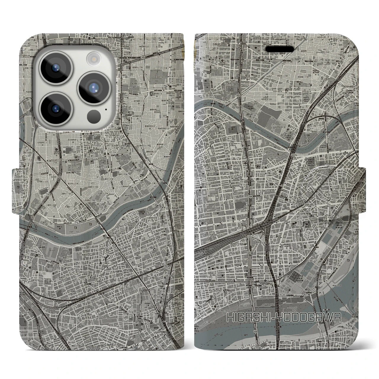 【東淀川(大阪府)】地図柄iPhoneケース(手帳タイプ)モノトーン・iPhone 15 Pro 用