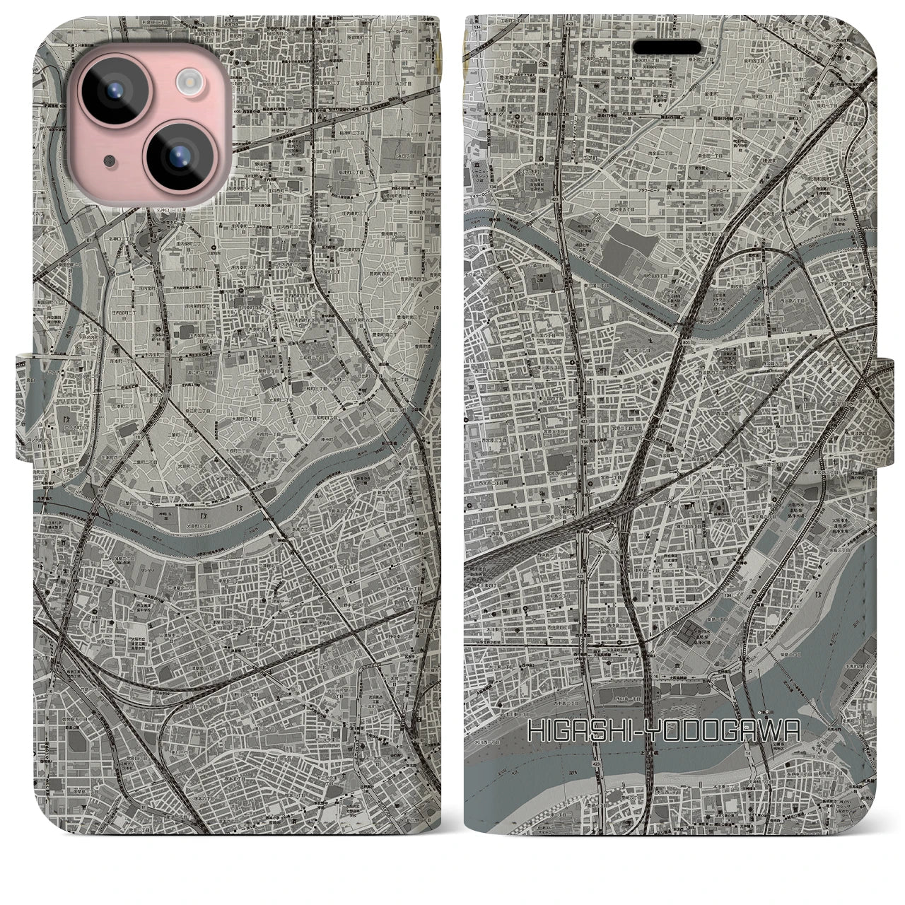 【東淀川(大阪府)】地図柄iPhoneケース(手帳タイプ)モノトーン・iPhone 15 Plus 用