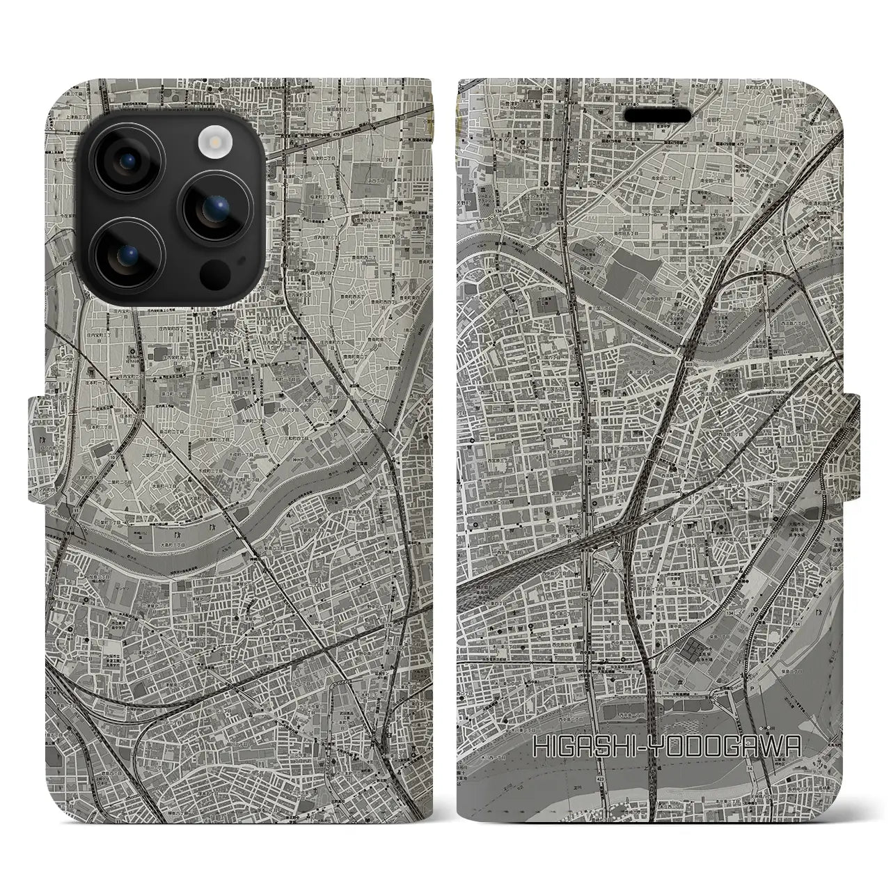 【東淀川(大阪府)】地図柄iPhoneケース(手帳タイプ)モノトーン・iPhone 16 用