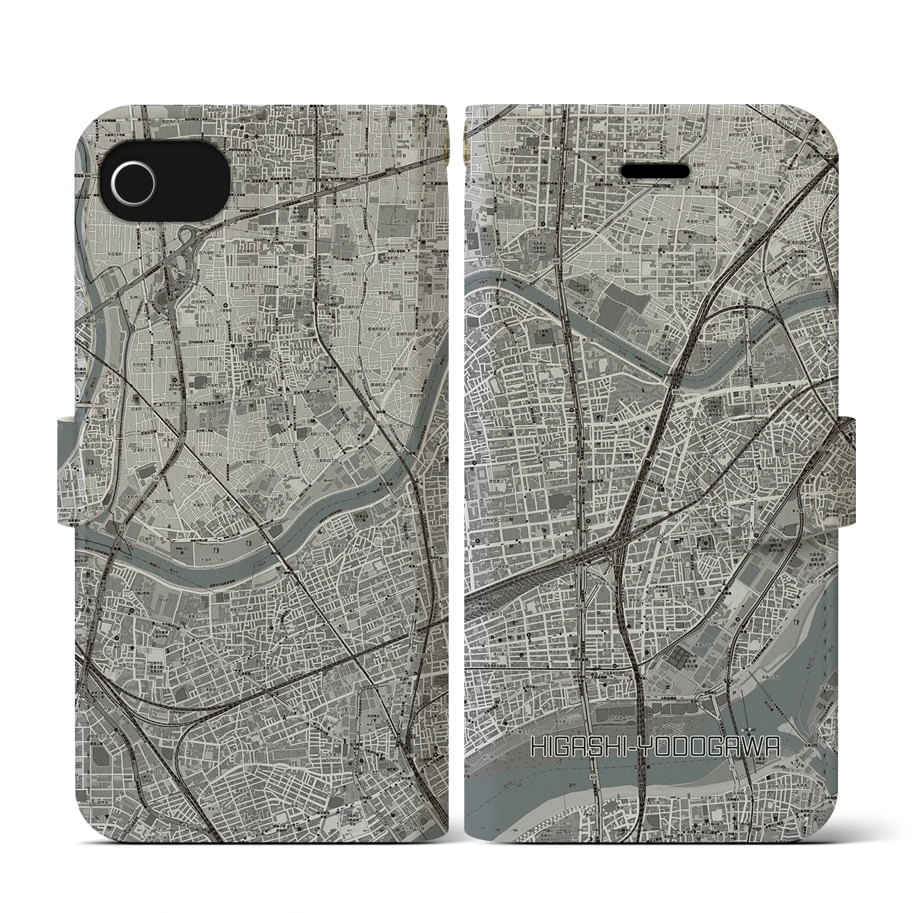 【東淀川(大阪府)】地図柄iPhoneケース(手帳タイプ)モノトーン・iPhone SE(第3 / 第2世代) / 8 / 7 / 6s / 6 用