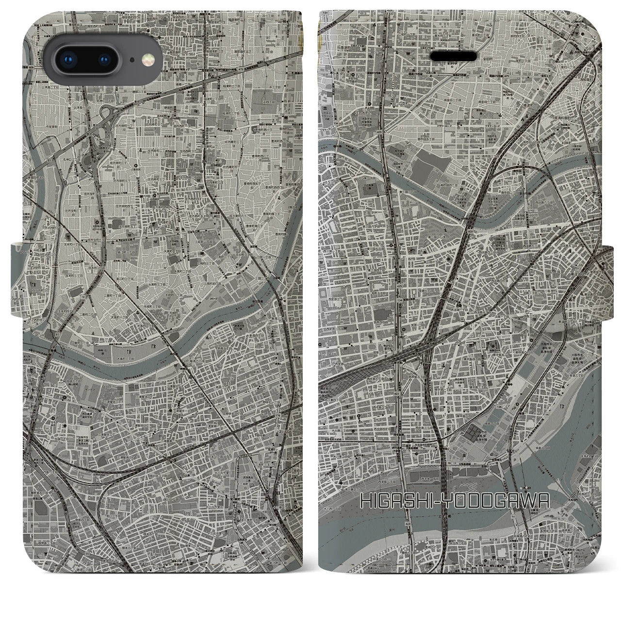 【東淀川(大阪府)】地図柄iPhoneケース(手帳タイプ)モノトーン・iPhone 8Plus /7Plus / 6sPlus / 6Plus 用