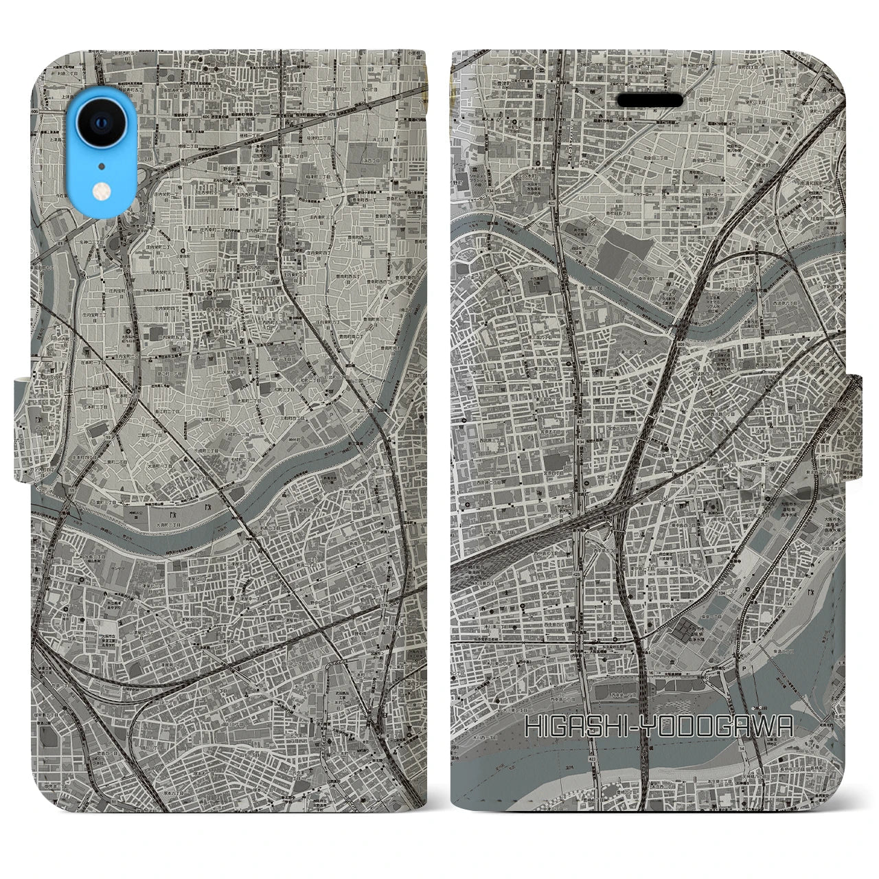 【東淀川(大阪府)】地図柄iPhoneケース(手帳タイプ)モノトーン・iPhone XR 用