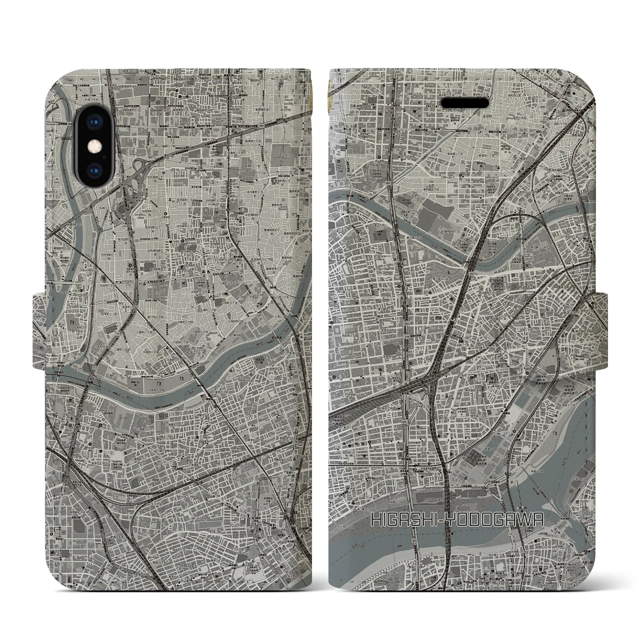 【東淀川(大阪府)】地図柄iPhoneケース(手帳タイプ)モノトーン・iPhone XS / X 用