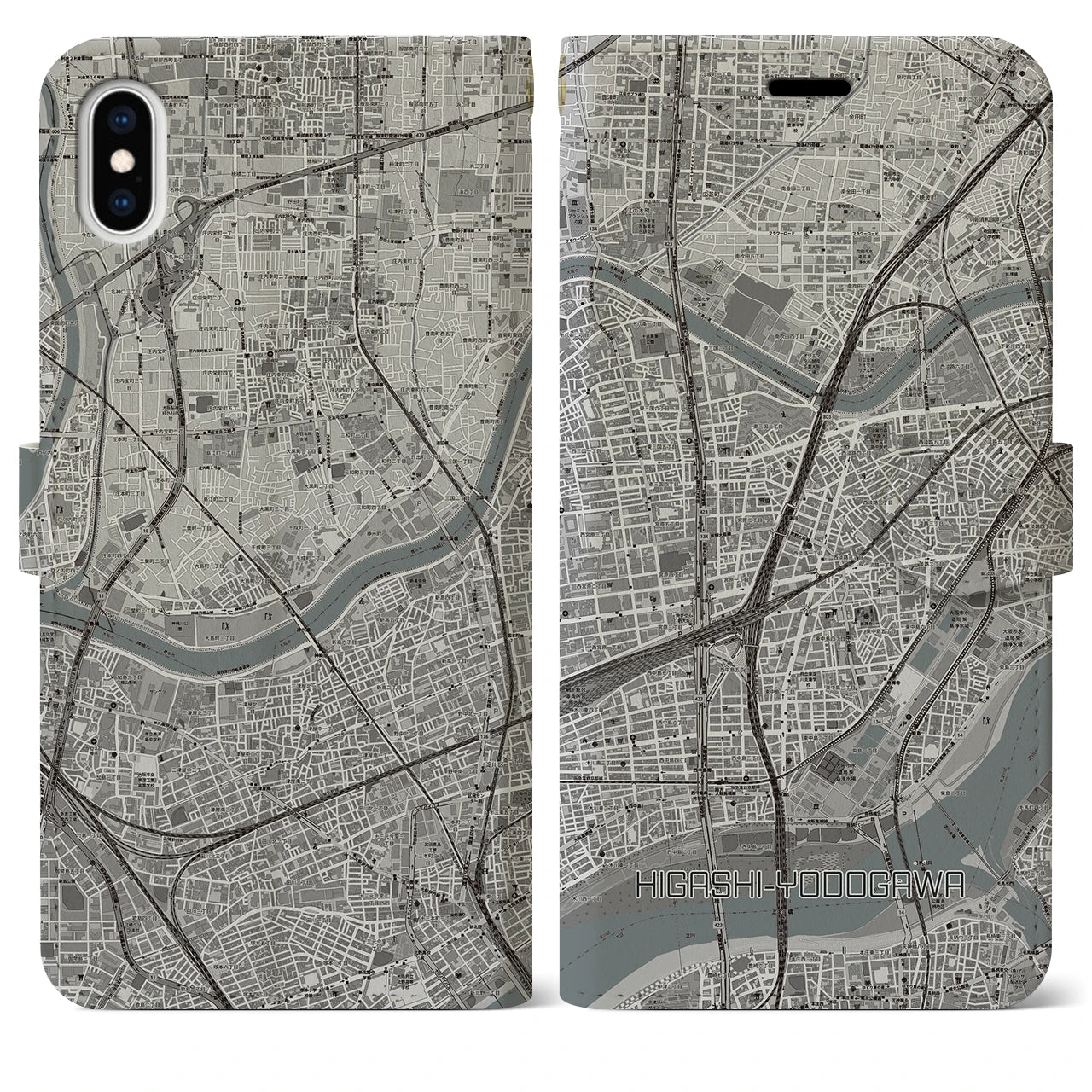 【東淀川(大阪府)】地図柄iPhoneケース(手帳タイプ)モノトーン・iPhone XS Max 用