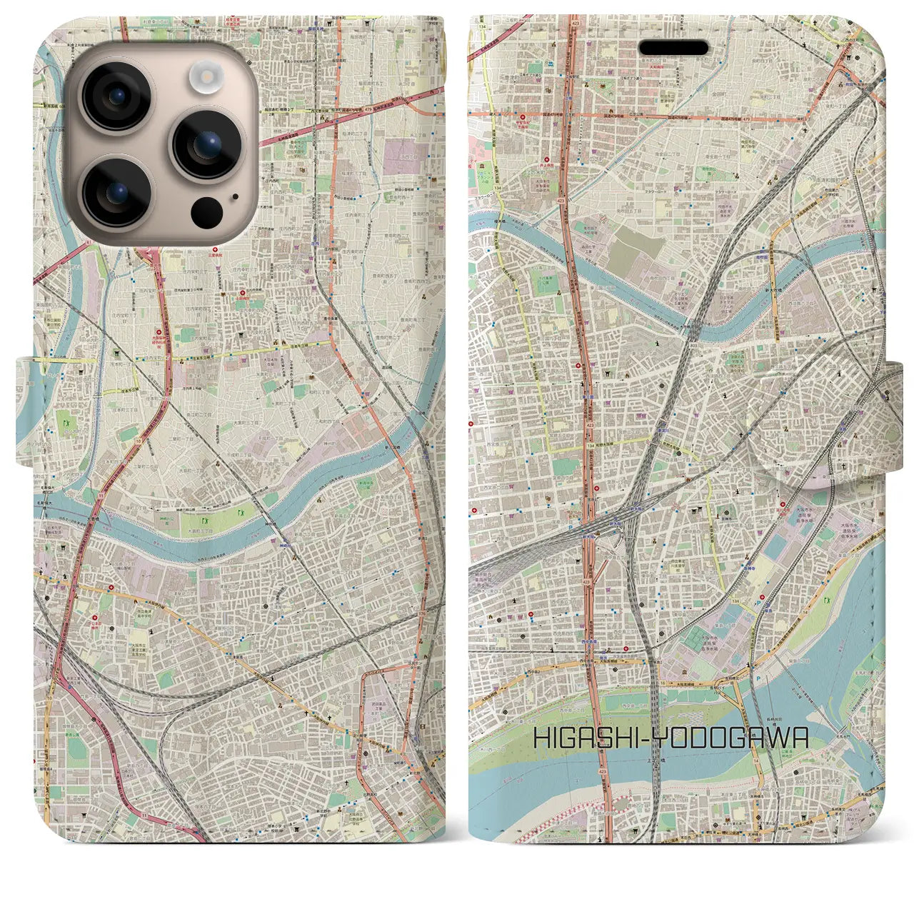 【東淀川(大阪府)】地図柄iPhoneケース(手帳タイプ)ナチュラル・iPhone 16 Plus 用