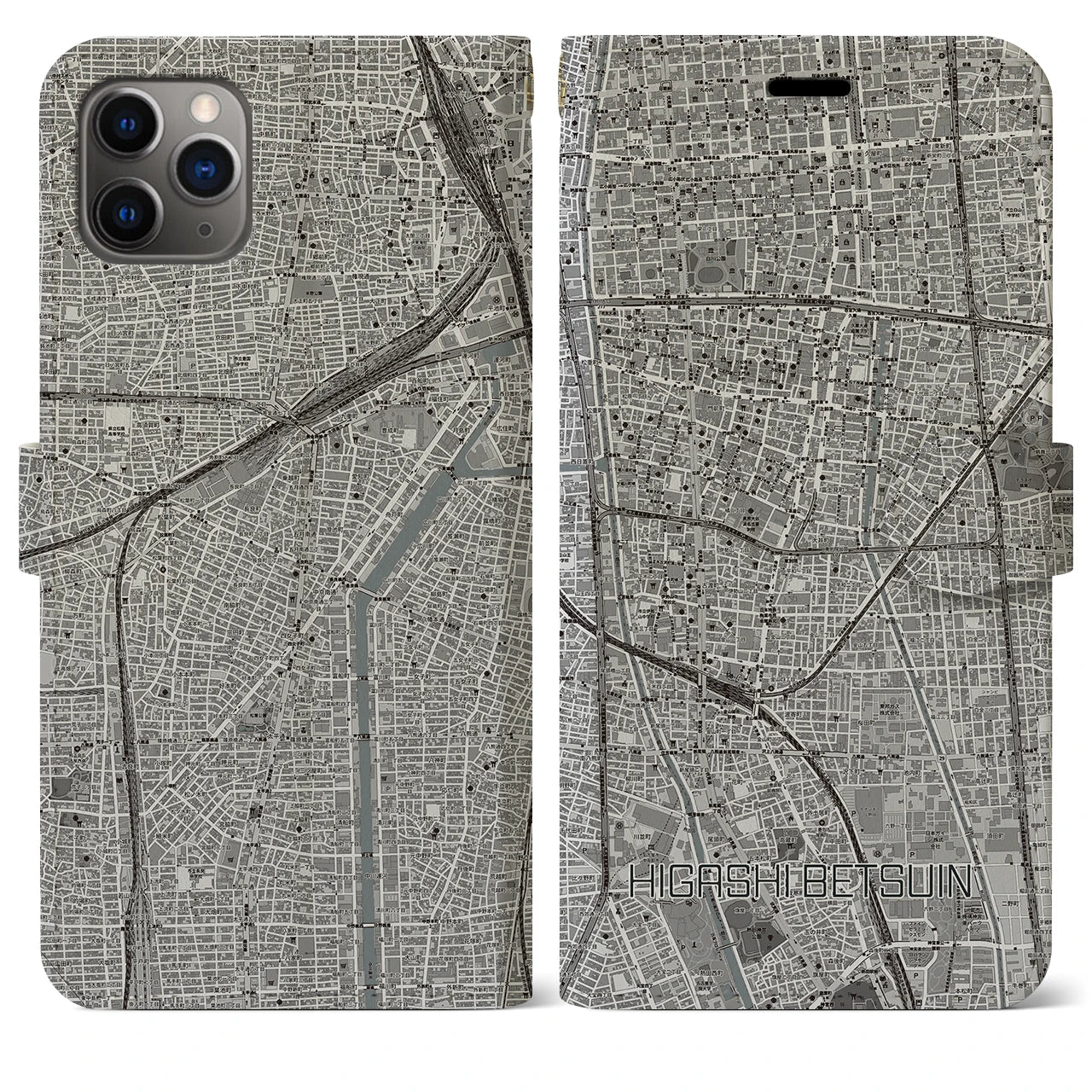 【東別院(愛知県)】地図柄iPhoneケース(手帳タイプ)モノトーン・iPhone 11 Pro Max 用