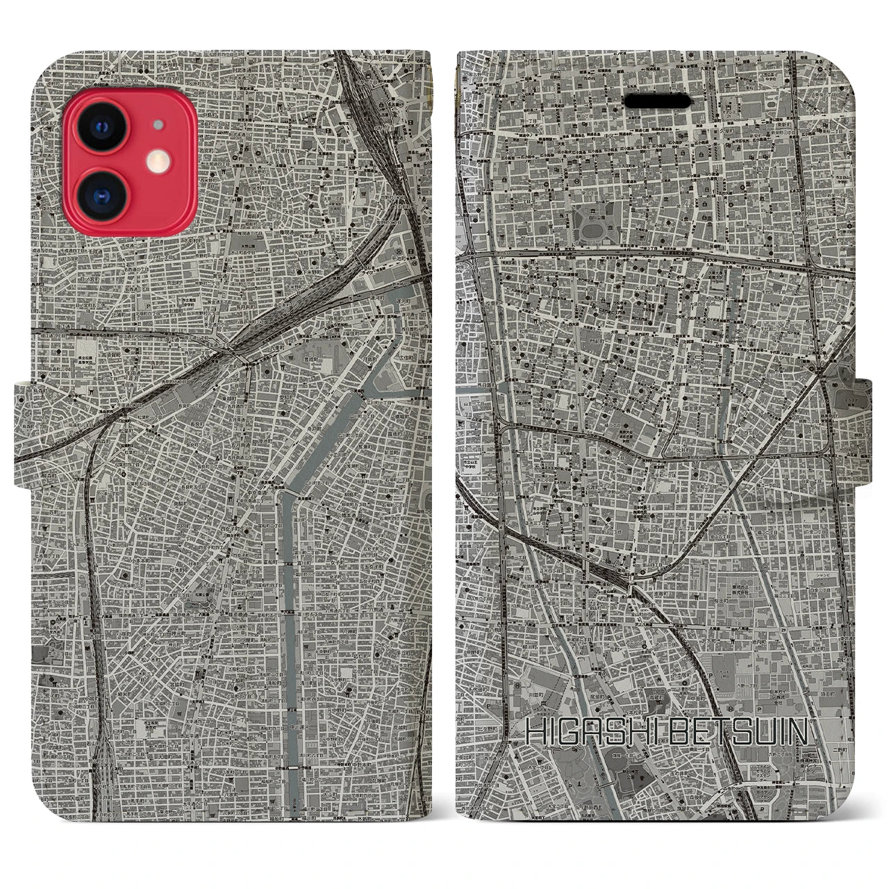 【東別院(愛知県)】地図柄iPhoneケース(手帳タイプ)モノトーン・iPhone 11 用