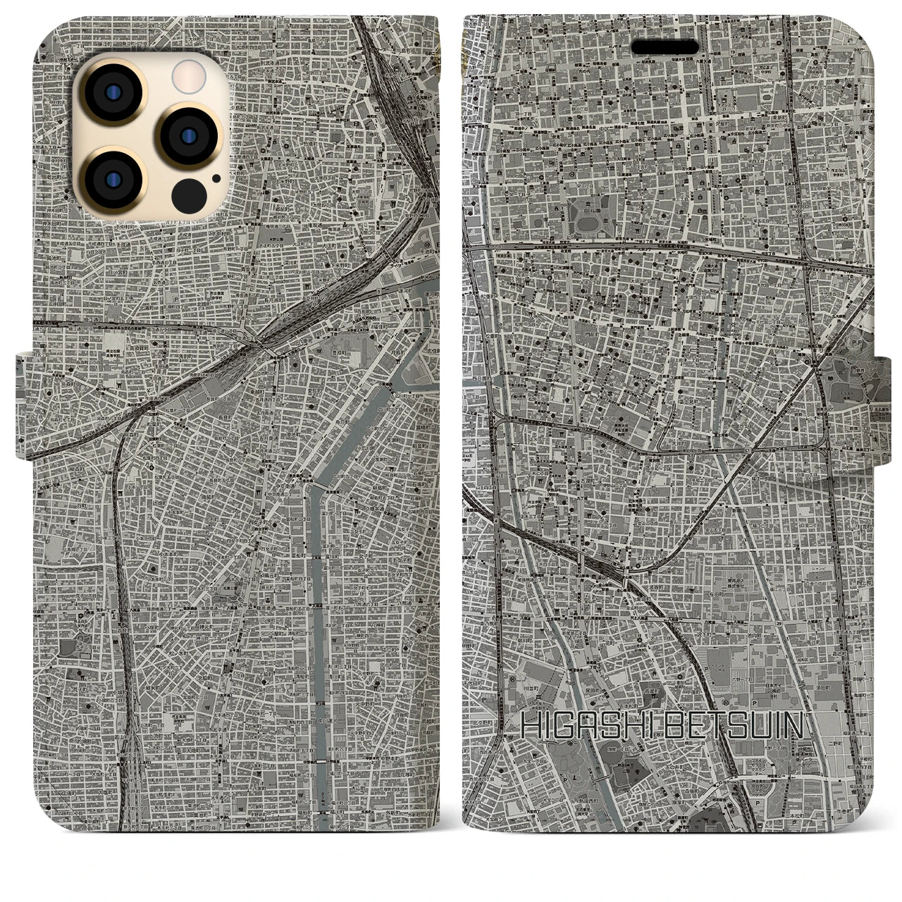 【東別院(愛知県)】地図柄iPhoneケース(手帳タイプ)モノトーン・iPhone 12 Pro Max 用
