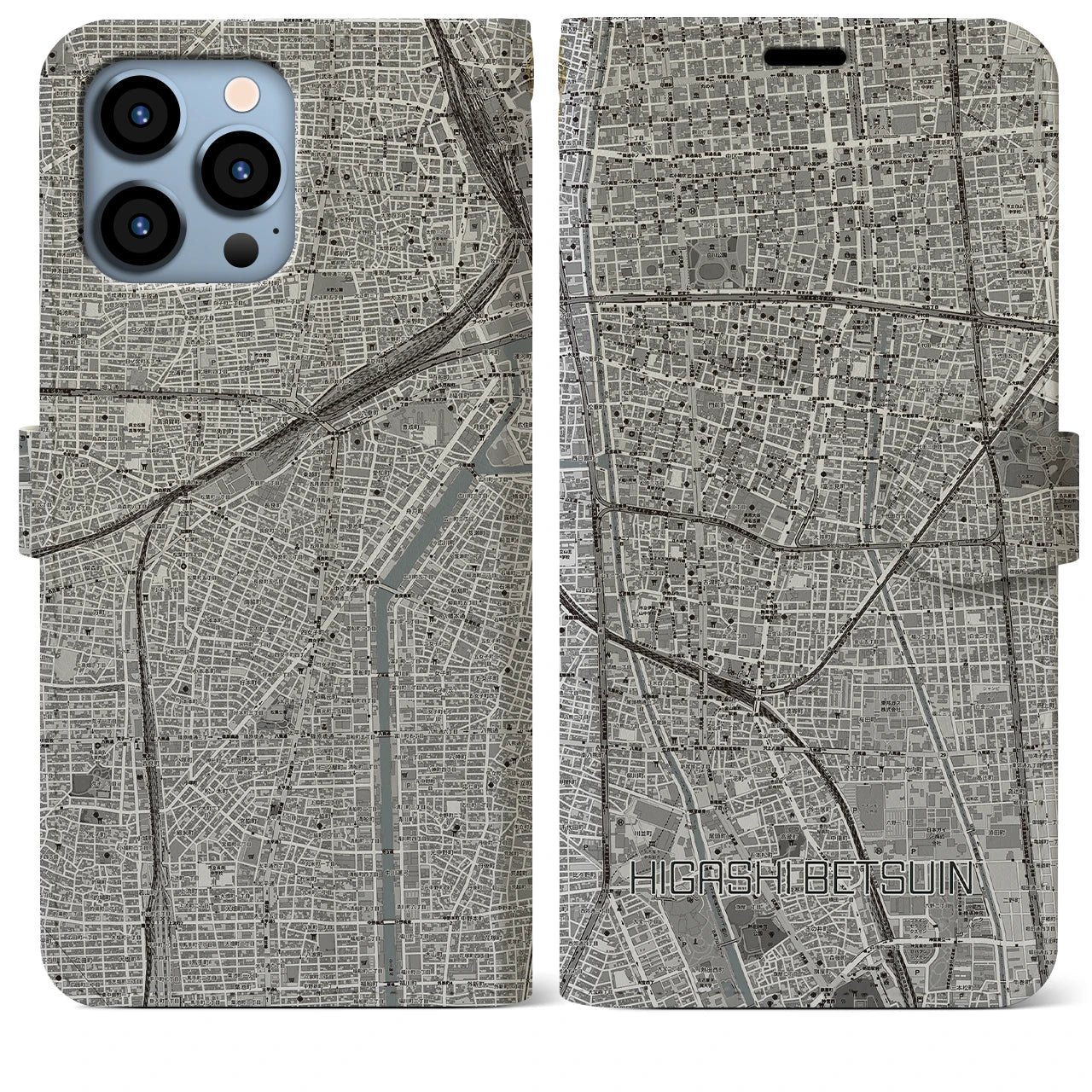 【東別院(愛知県)】地図柄iPhoneケース(手帳タイプ)モノトーン・iPhone 13 Pro Max 用