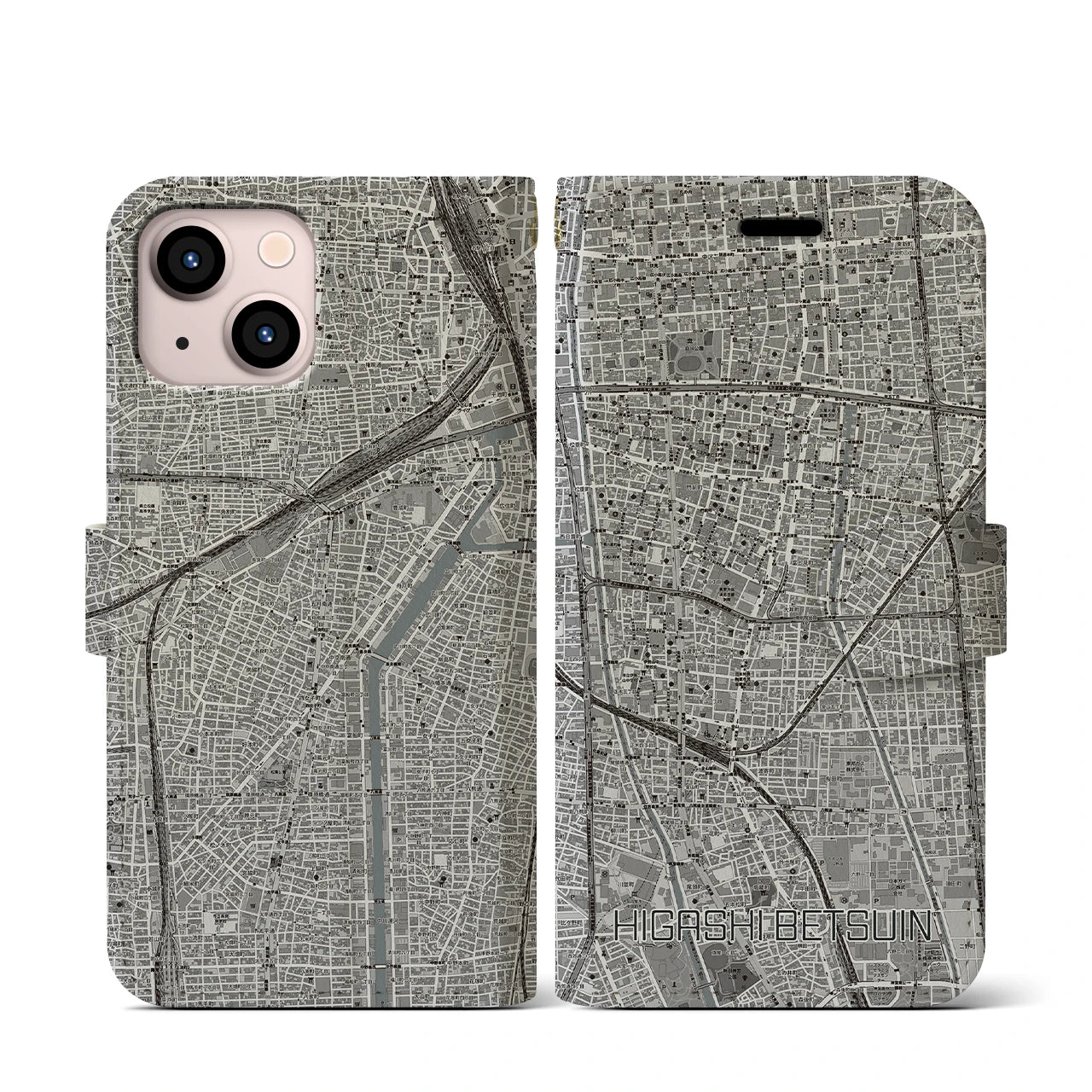 【東別院(愛知県)】地図柄iPhoneケース(手帳タイプ)モノトーン・iPhone 13 mini 用
