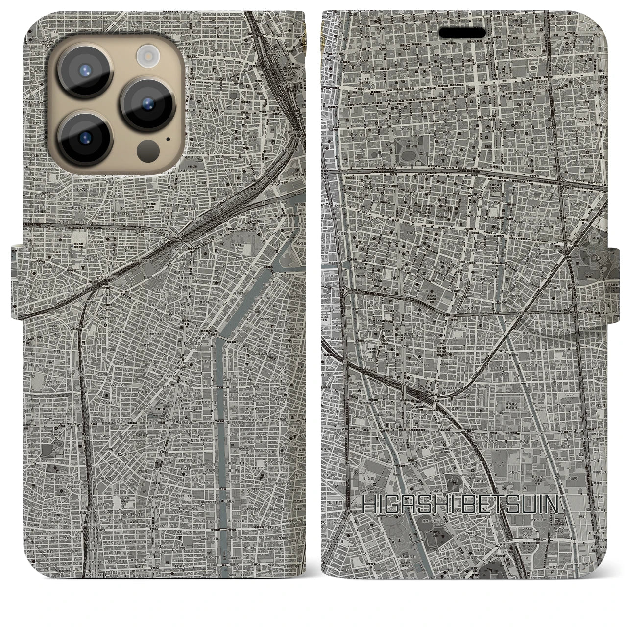 【東別院(愛知県)】地図柄iPhoneケース(手帳タイプ)モノトーン・iPhone 14 Pro Max 用